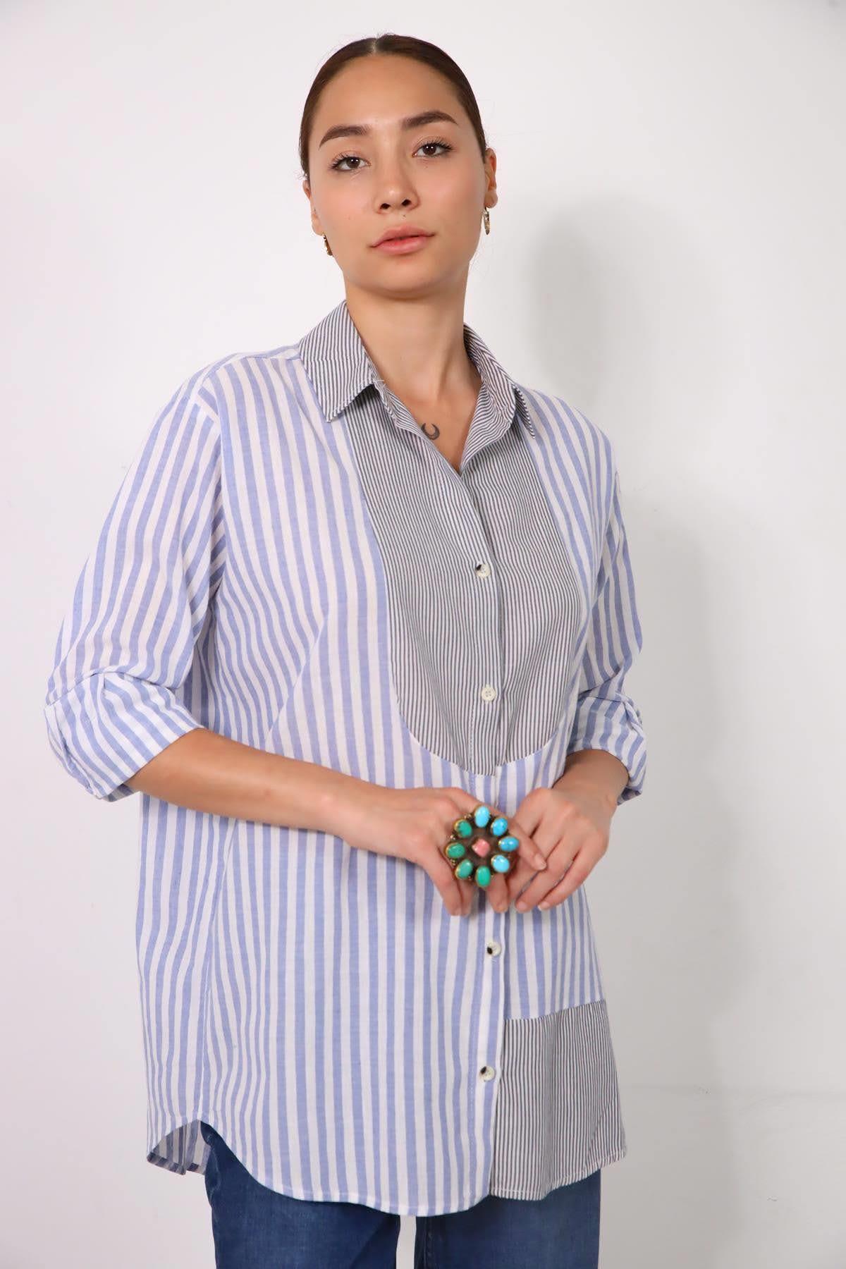 Mavi Çizgili Yakalı Gömlek - Şaman Butik Mavi Çizgili Yakalı Gömlek