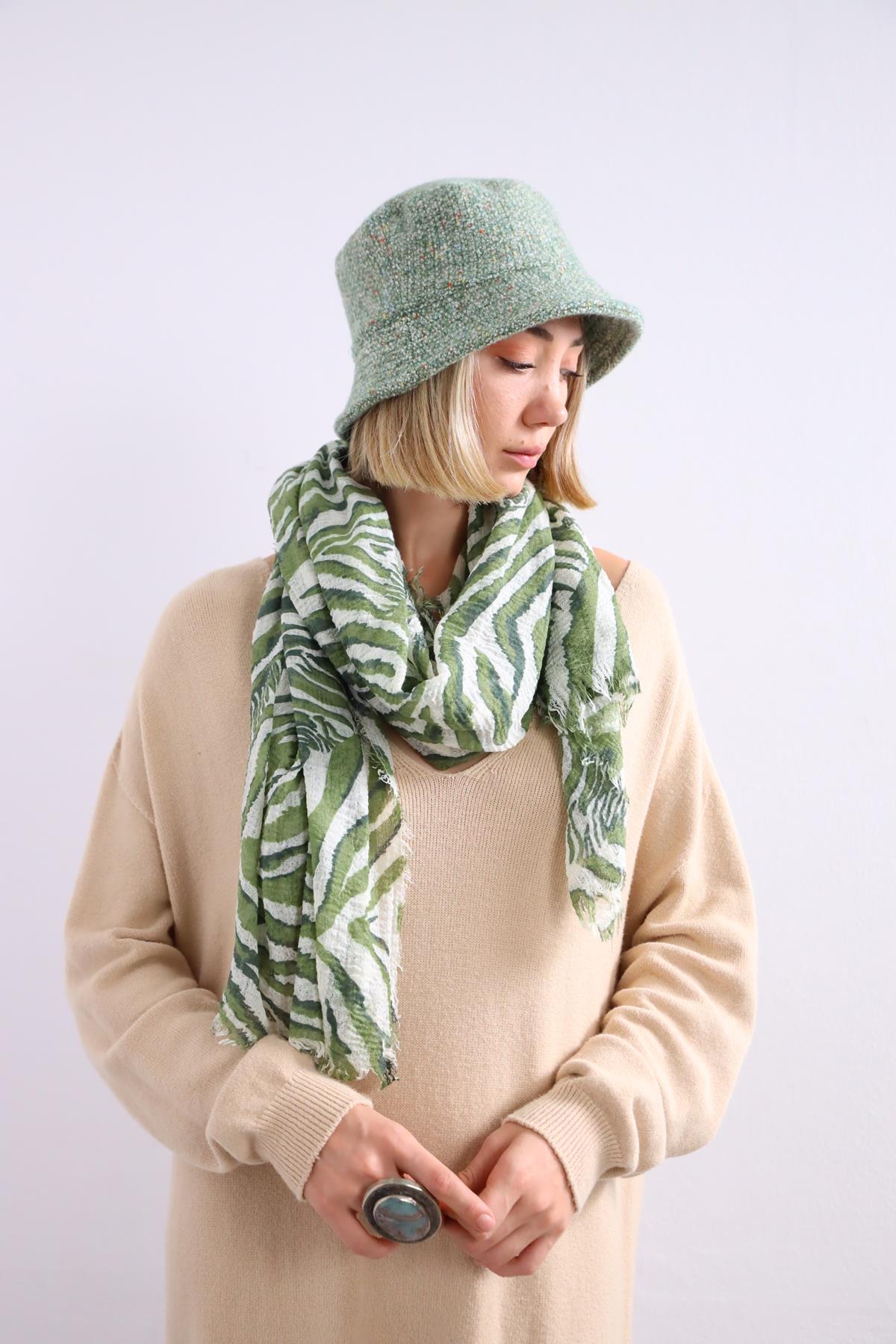  Fıstık Yeşili Desenli Saçaklı Şal