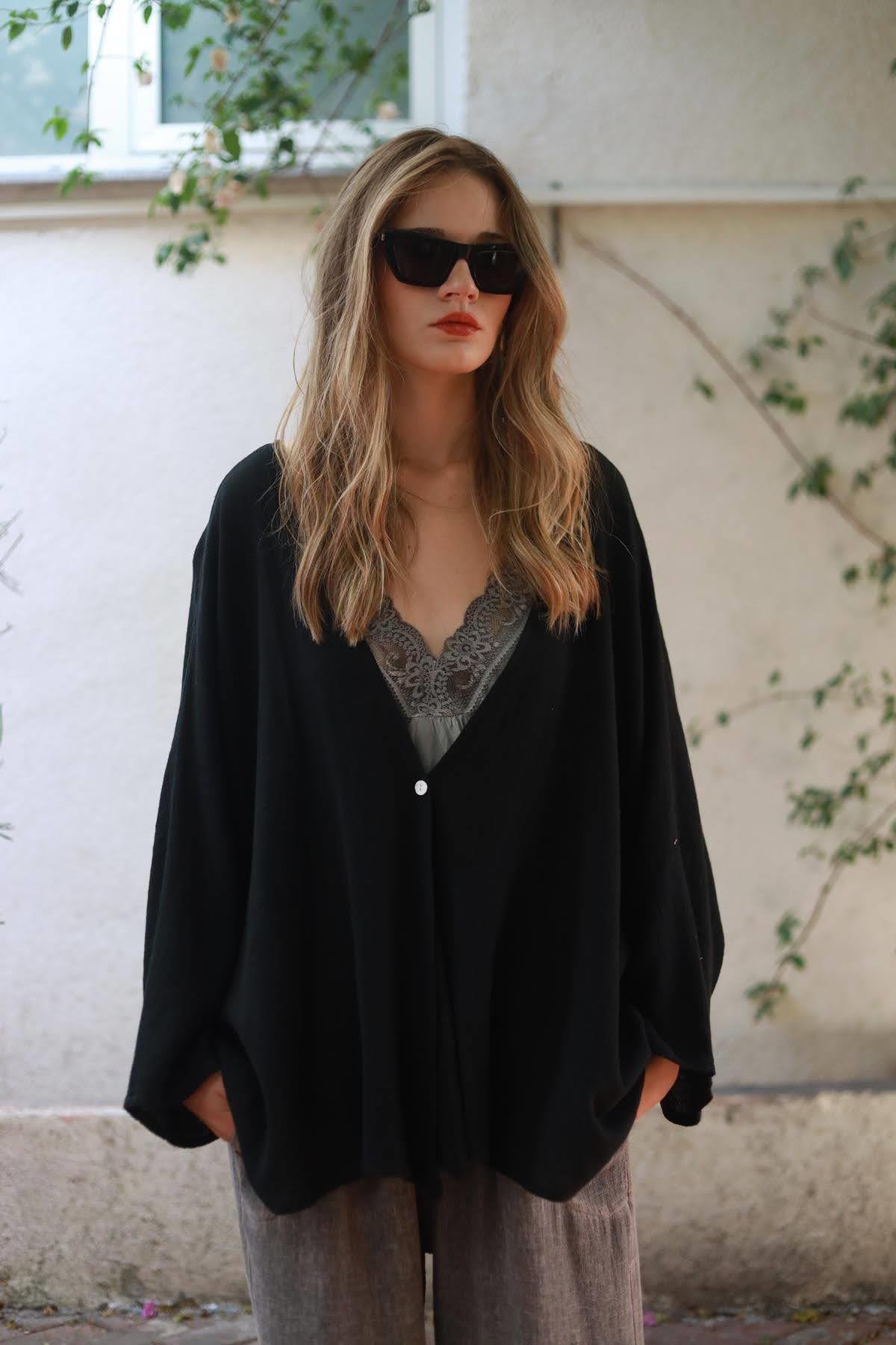 Black Single Button Linen Cardigan