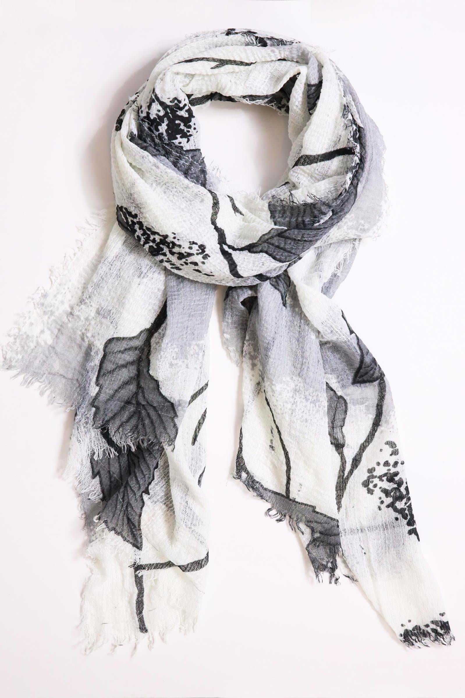  Gri Yaprak Desenli Saçaklı Şal