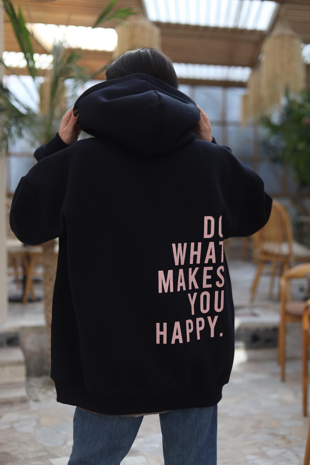 Lacivert Arkası Yazılı Kanguru Cepli Sweatshirt