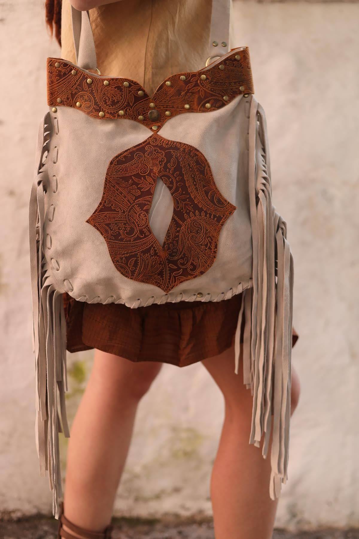 Stone Color Embossed Leather Detailed Suede Bag