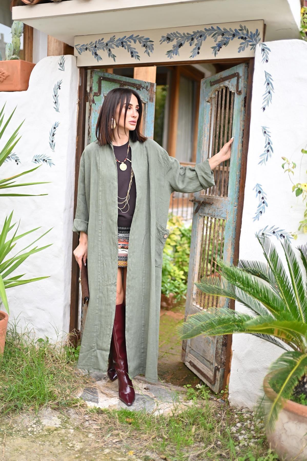 Haki Cebi Püsküllü Düğmeli Keten Kaftan