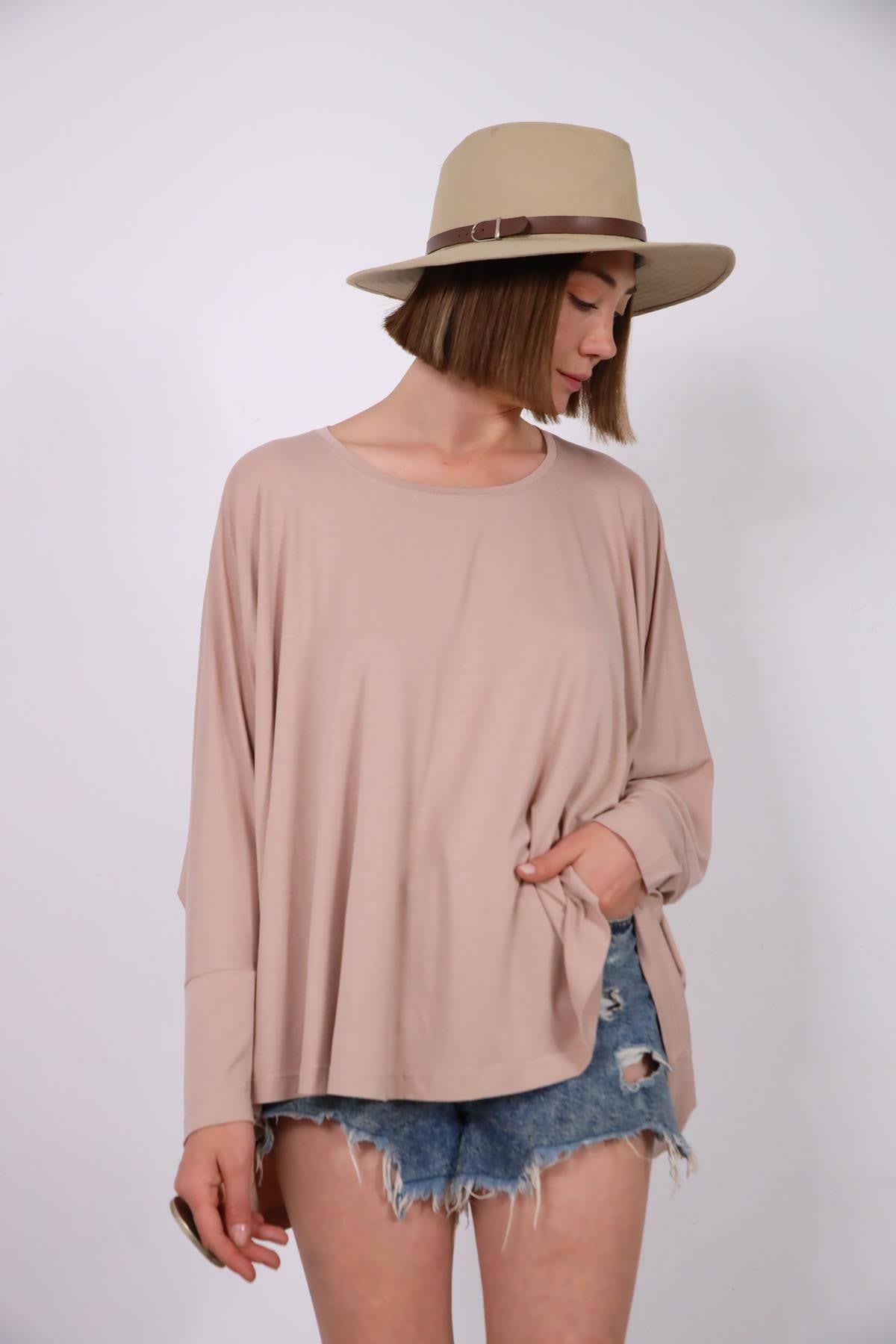  Bej Bisiklet Yaka Yarasa Kol Tunik