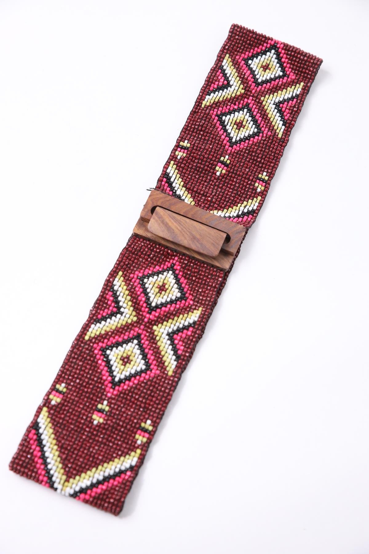 Claret Red  Wooden Buckle Detailed Beaded Elastic Belt
