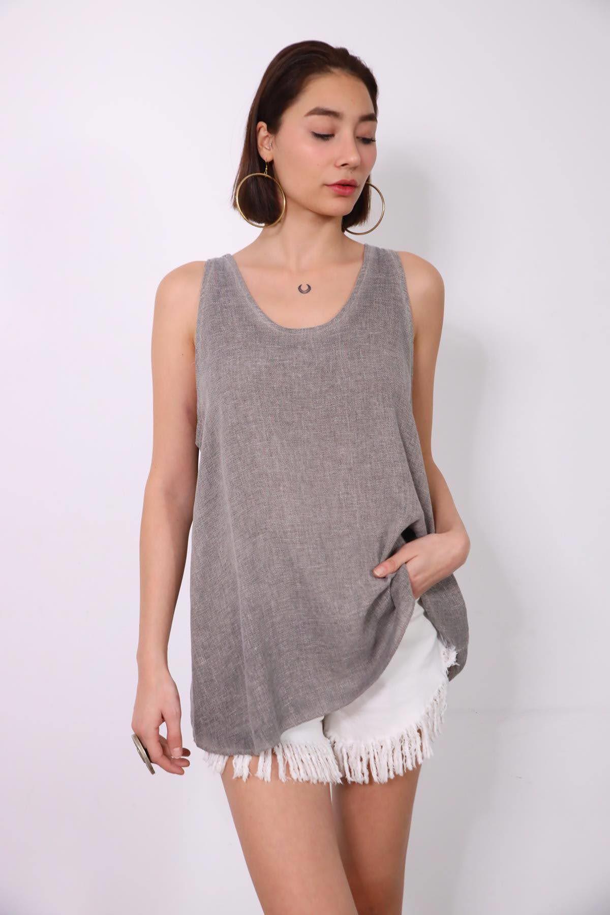 Gri Sırtı Bağlamalı Askılı Bluz - Şaman Butik Gri Sırtı Bağlamalı Askılı Bluz