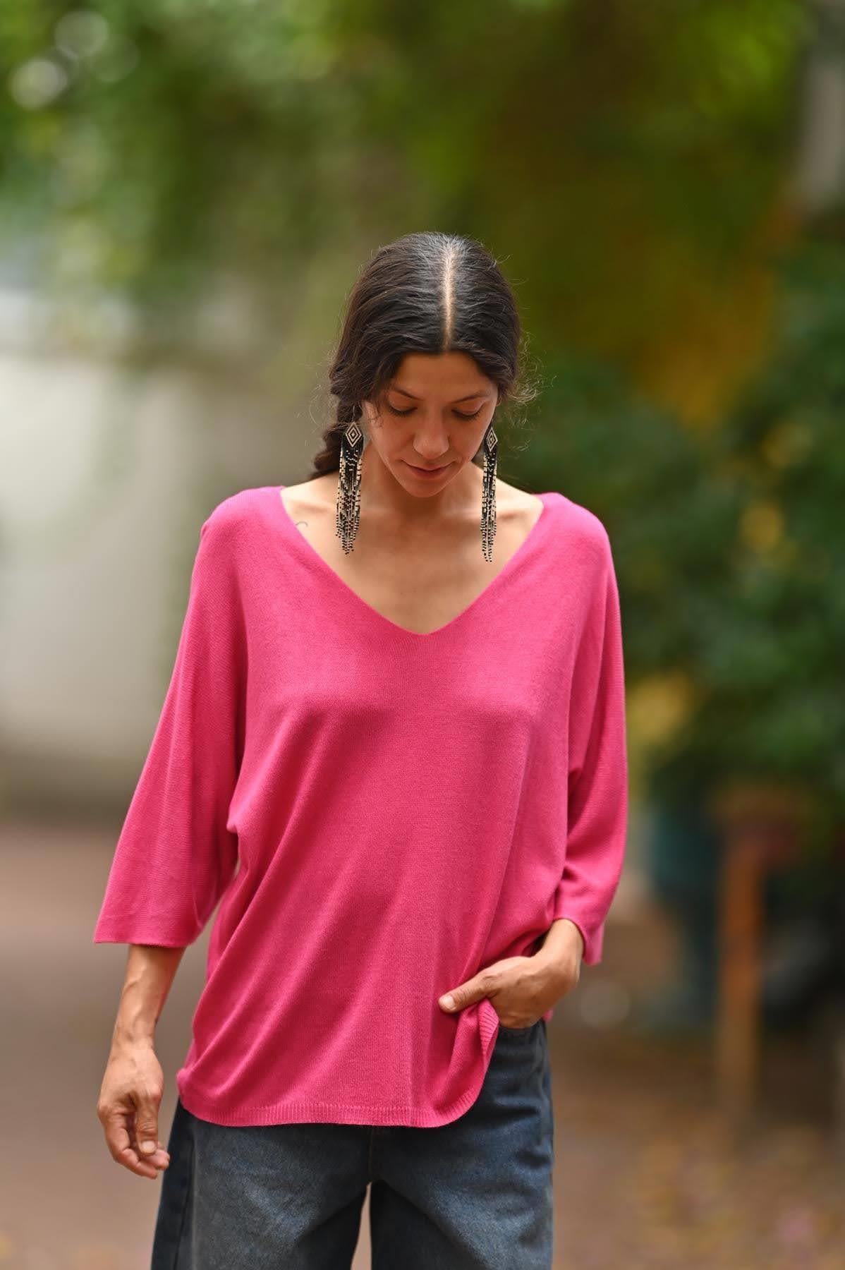 Fuşya V Yaka Modal Bluz