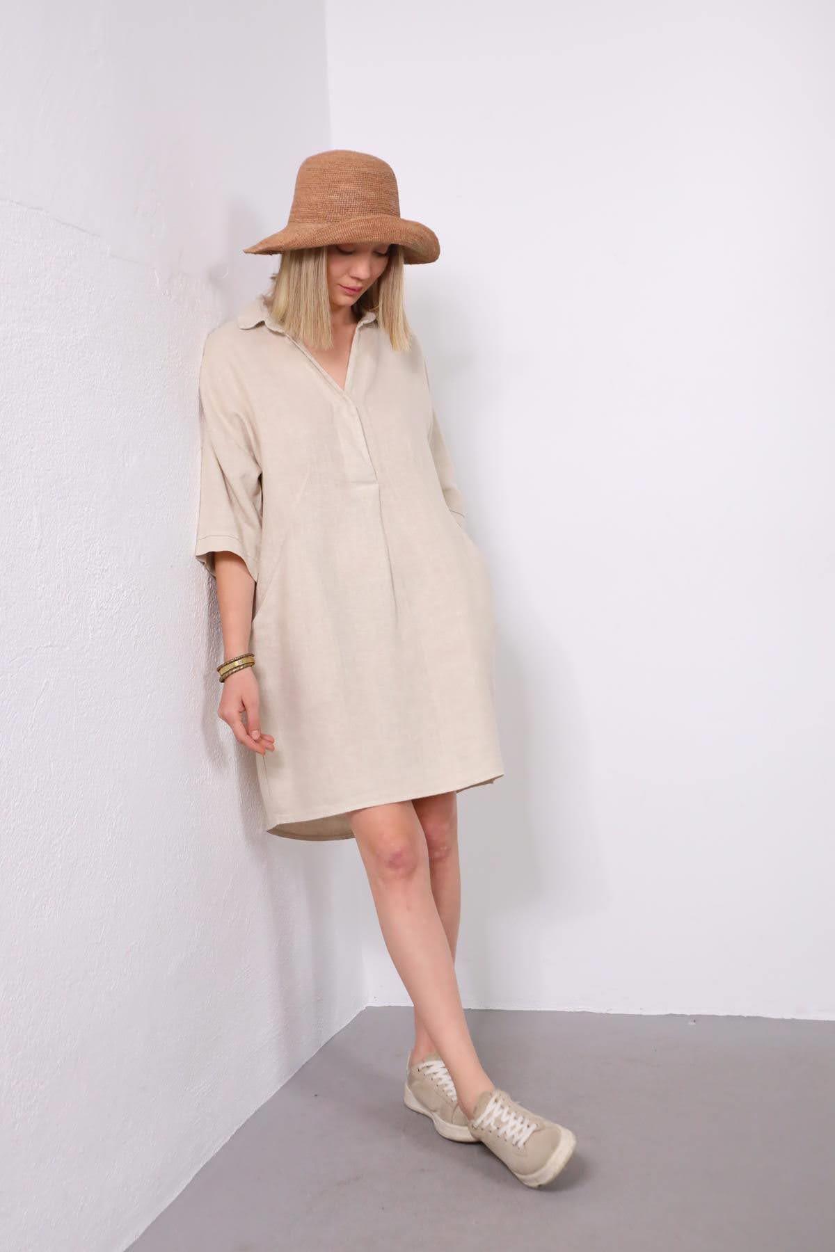 Krem Rengi Tek Düğmeli Önü Pileli Keten Elbise - Şaman Butik Krem Rengi Tek Düğmeli Önü Pileli Keten Elbise