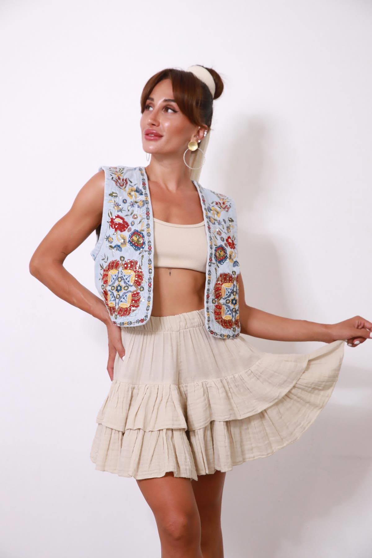 Açık Mavi Nakışlı Kot Yelek - Şaman Butik Açık Mavi Nakışlı Kot Yelek