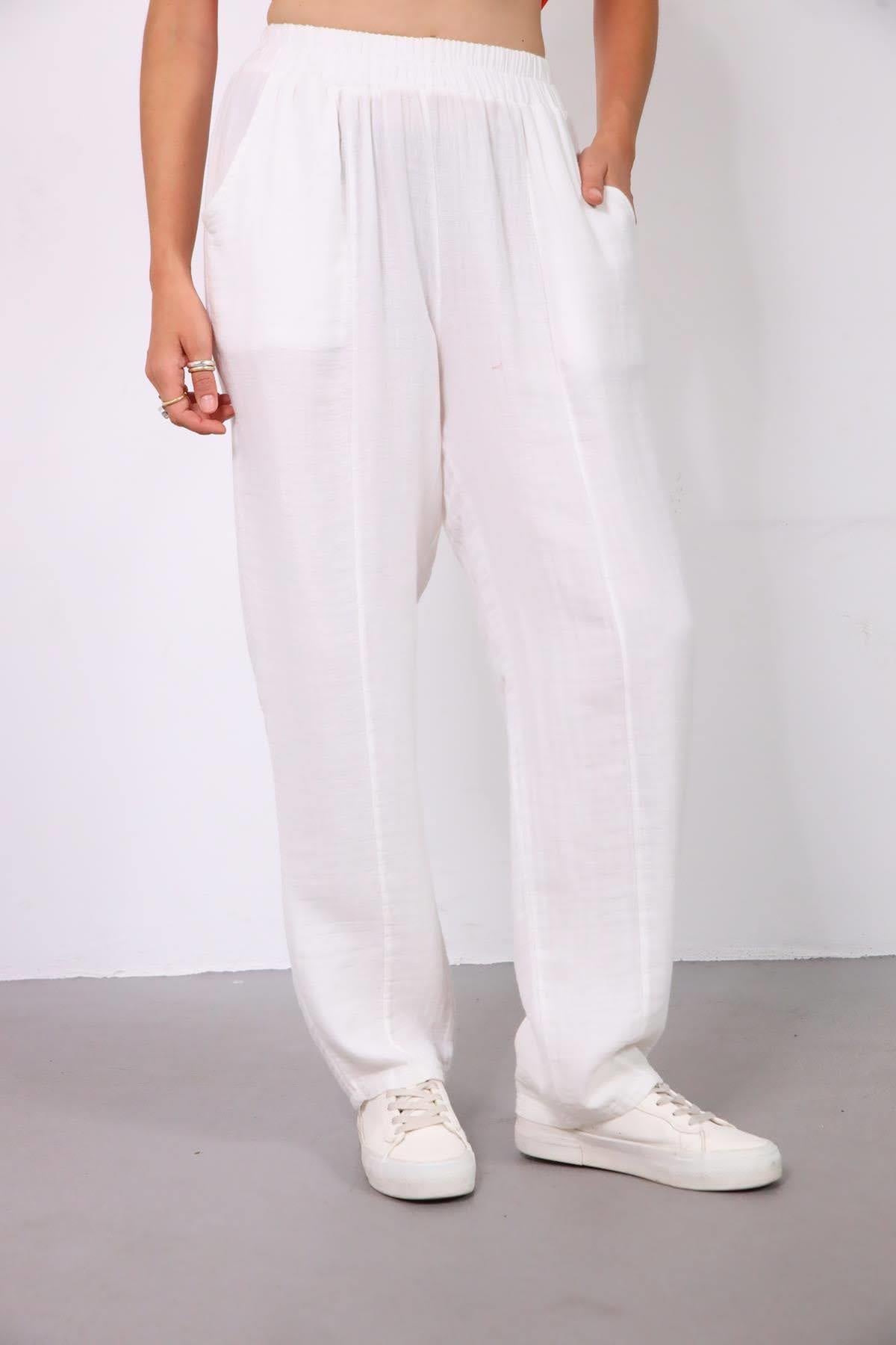 Beyaz Önü Dikişli Müslin Pantolon - Şaman Butik Beyaz Önü Dikişli Müslin Pantolon