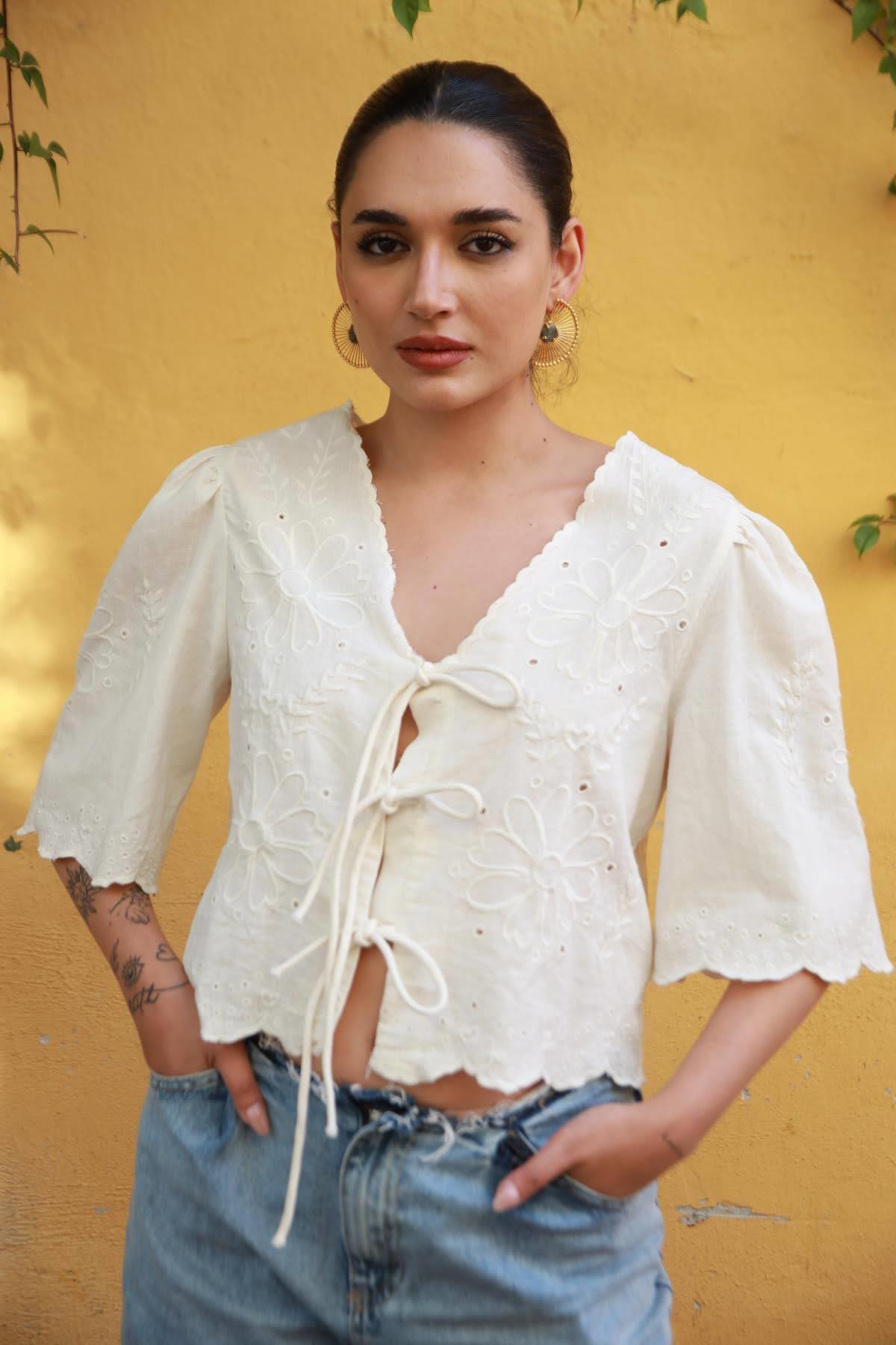 Ecru Embroidered Front Tie Blouse