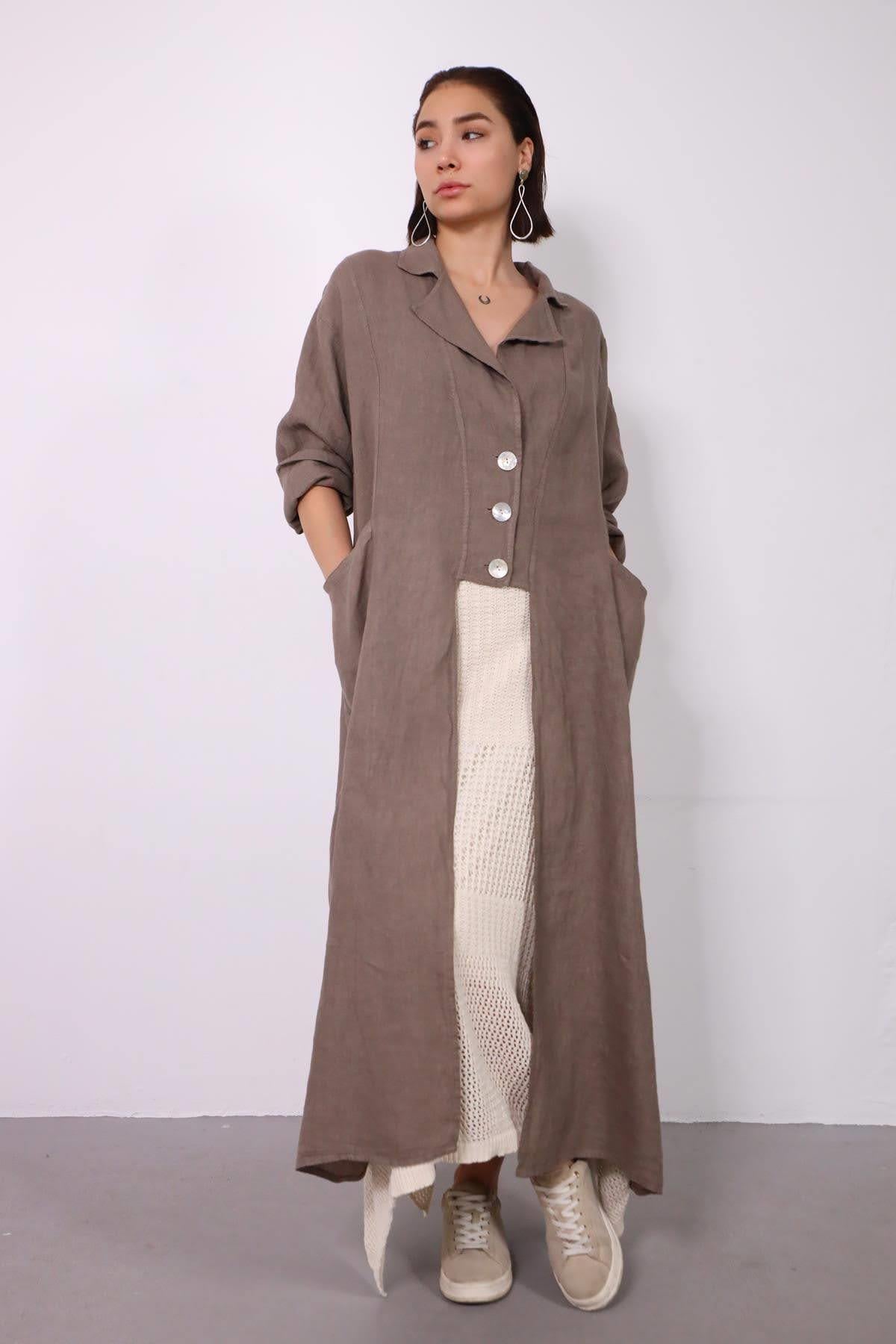 Vizon Rengi Yakalı Üç Düğmeli Keten Kap - Şaman Butik Vizon Rengi Yakalı Üç Düğmeli Keten Kap