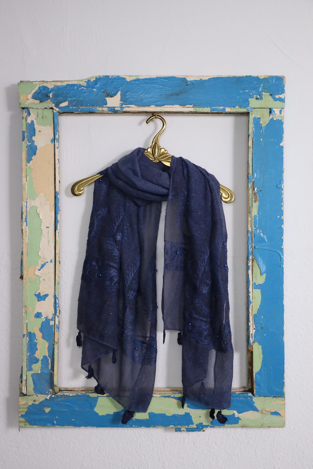 İndigo Mavisi Simli İnci İşlemeli Şal - Şaman Butik İndigo Mavisi Simli İnci İşlemeli Şal