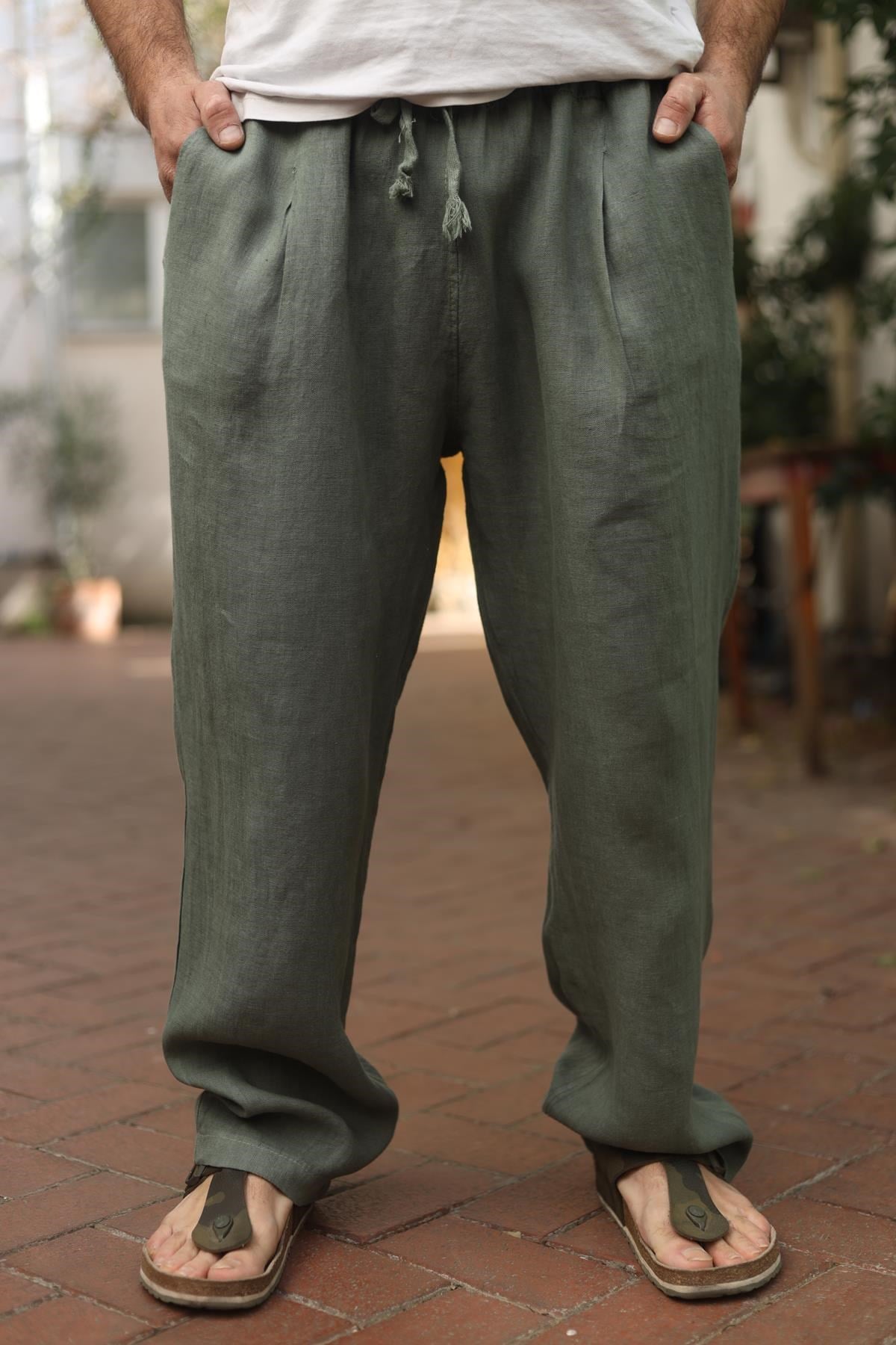 Haki Pileli Erkek Keten Pantolon