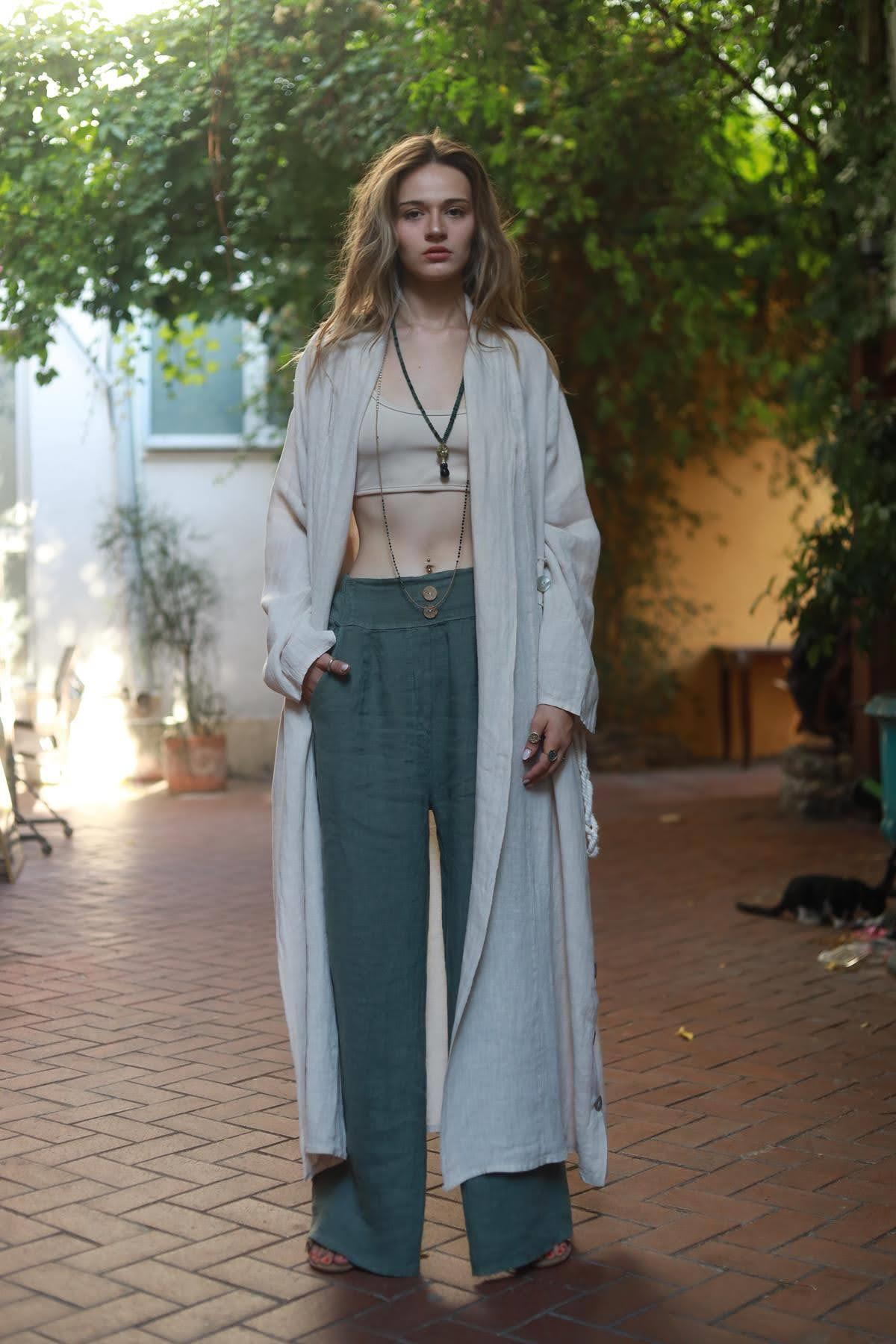 Cream Color Button Detailed Linen Caftan