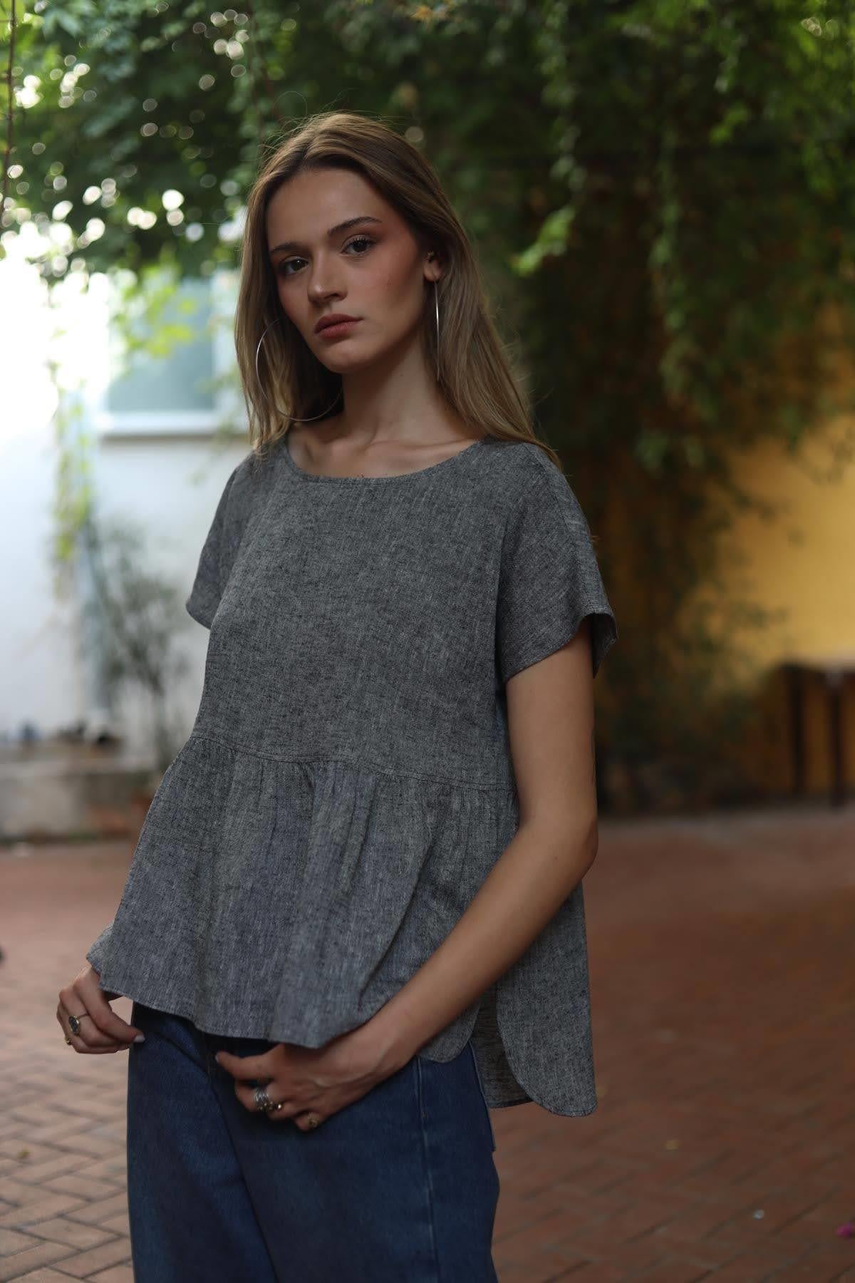 Grey Sleeveless Slit Linen Blouse