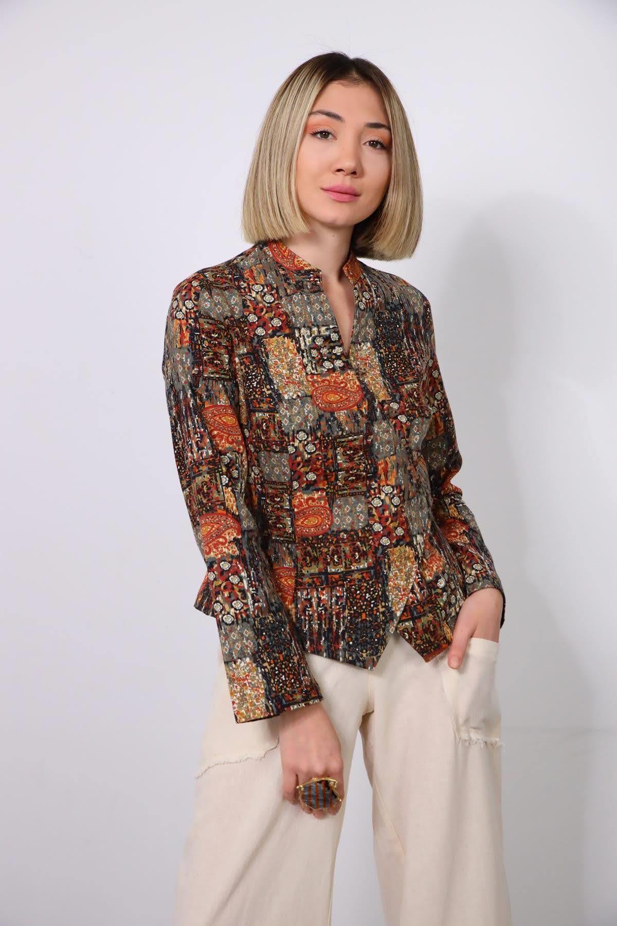 Haki Desenli Çapraz Düğmeli Bluz - Şaman Butik - Bohem Giyim ve Aksesuar | Kadın & Erkek Haki Desenli Çapraz Düğmeli Bluz