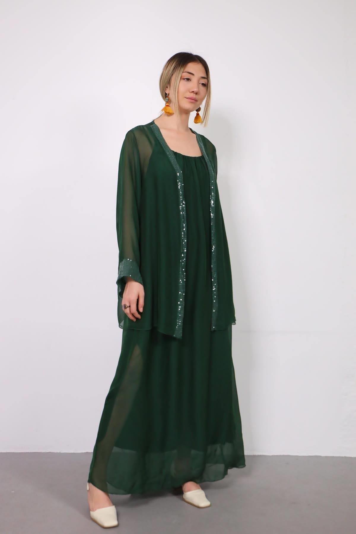  Zümrüt Yeşili Payetli İpek Ceket ve Elbise Takım