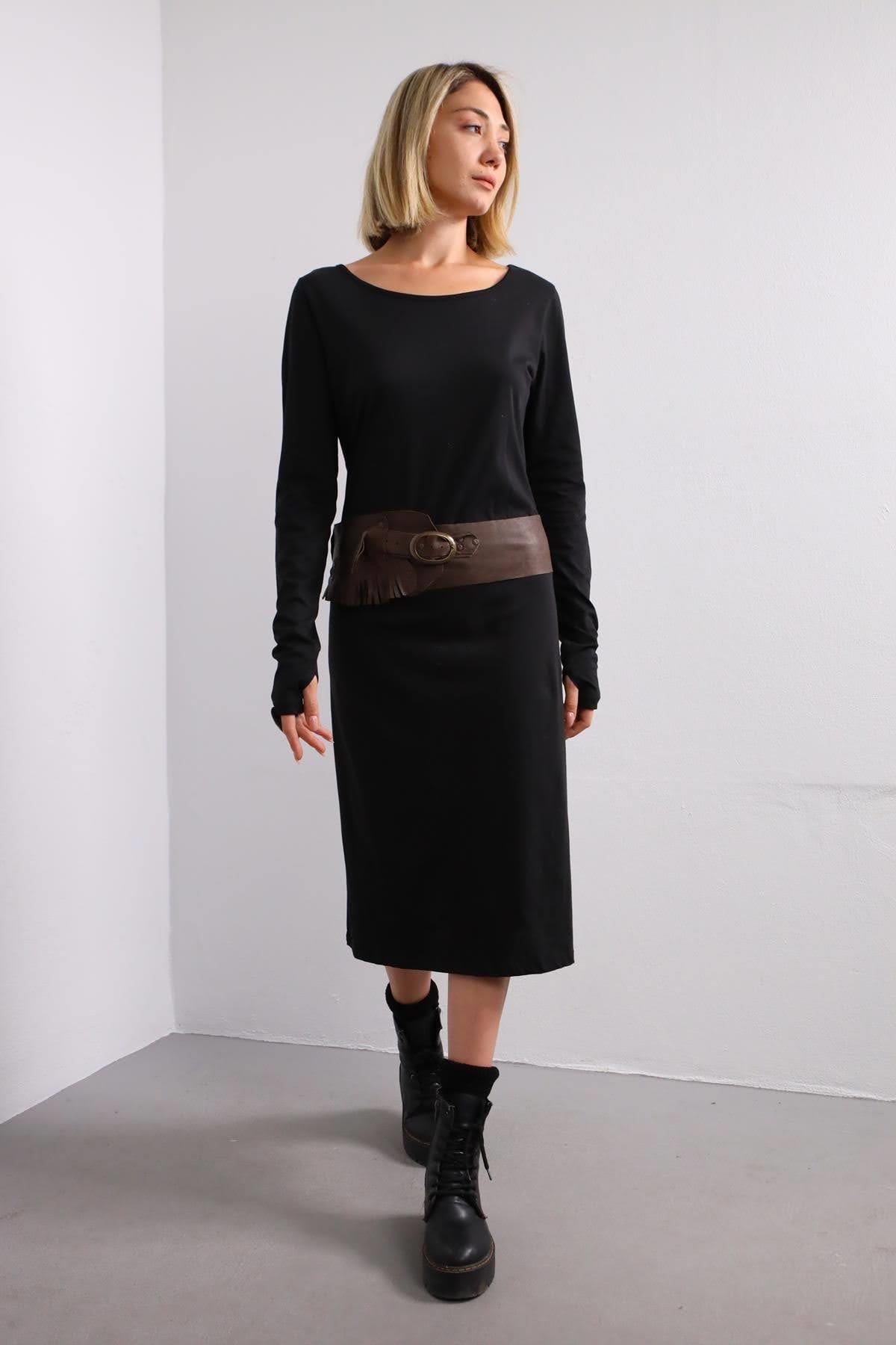 Siyah Bisiklet Yaka Salaş Elbise - Şaman Butik Siyah Bisiklet Yaka Salaş Elbise