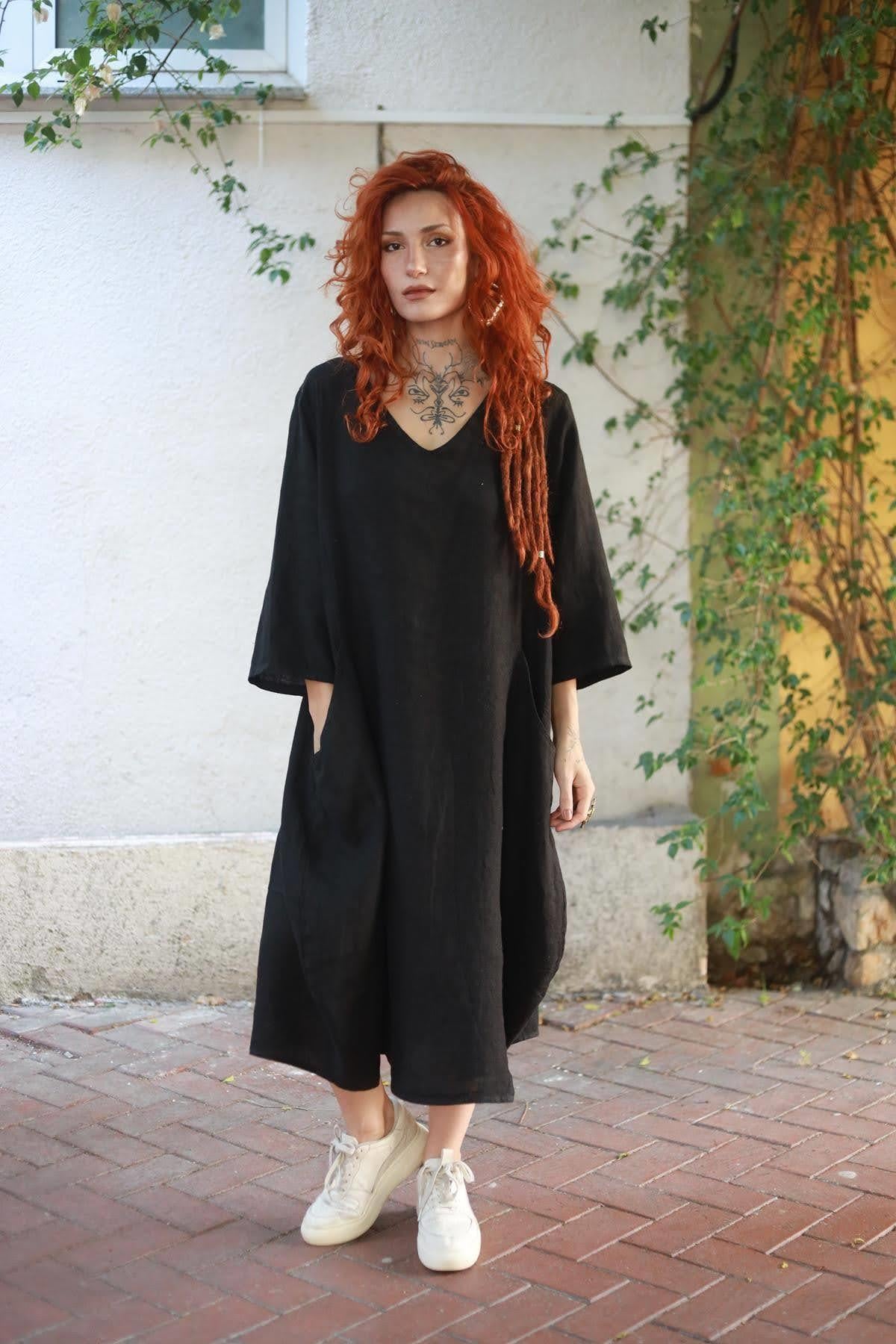 Siyah V Yaka Cepli Midi Keten Elbise