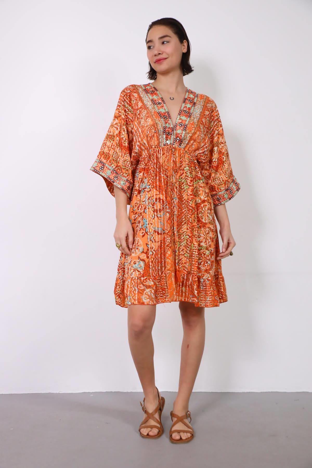 Turuncu Önü Arkası V Yaka Otantik İpek Elbise - Şaman Butik Turuncu Önü Arkası V Yaka Otantik İpek Elbise