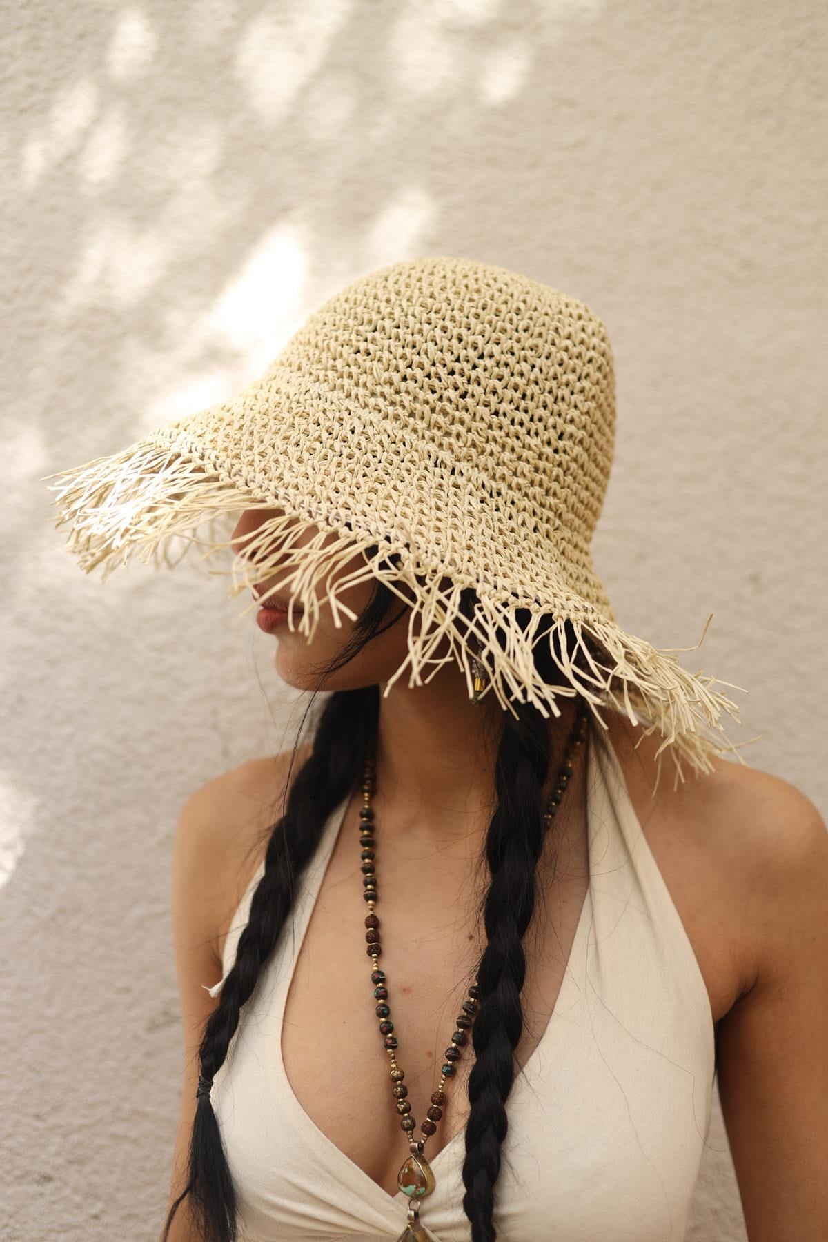 Beige Hand Knitted Fringed Straw Hat