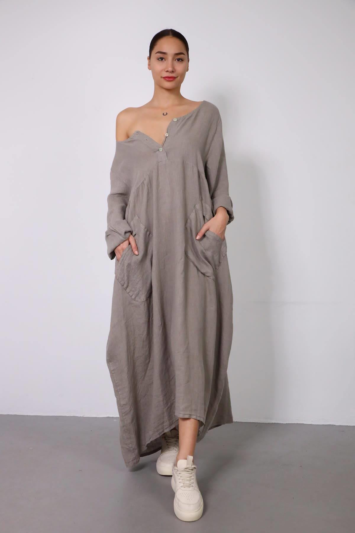 Vizon Geniş Cepli Elbise - Şaman Butik - Bohem Giyim ve Aksesuar | Kadın & Erkek Vizon Geniş Cepli Elbise