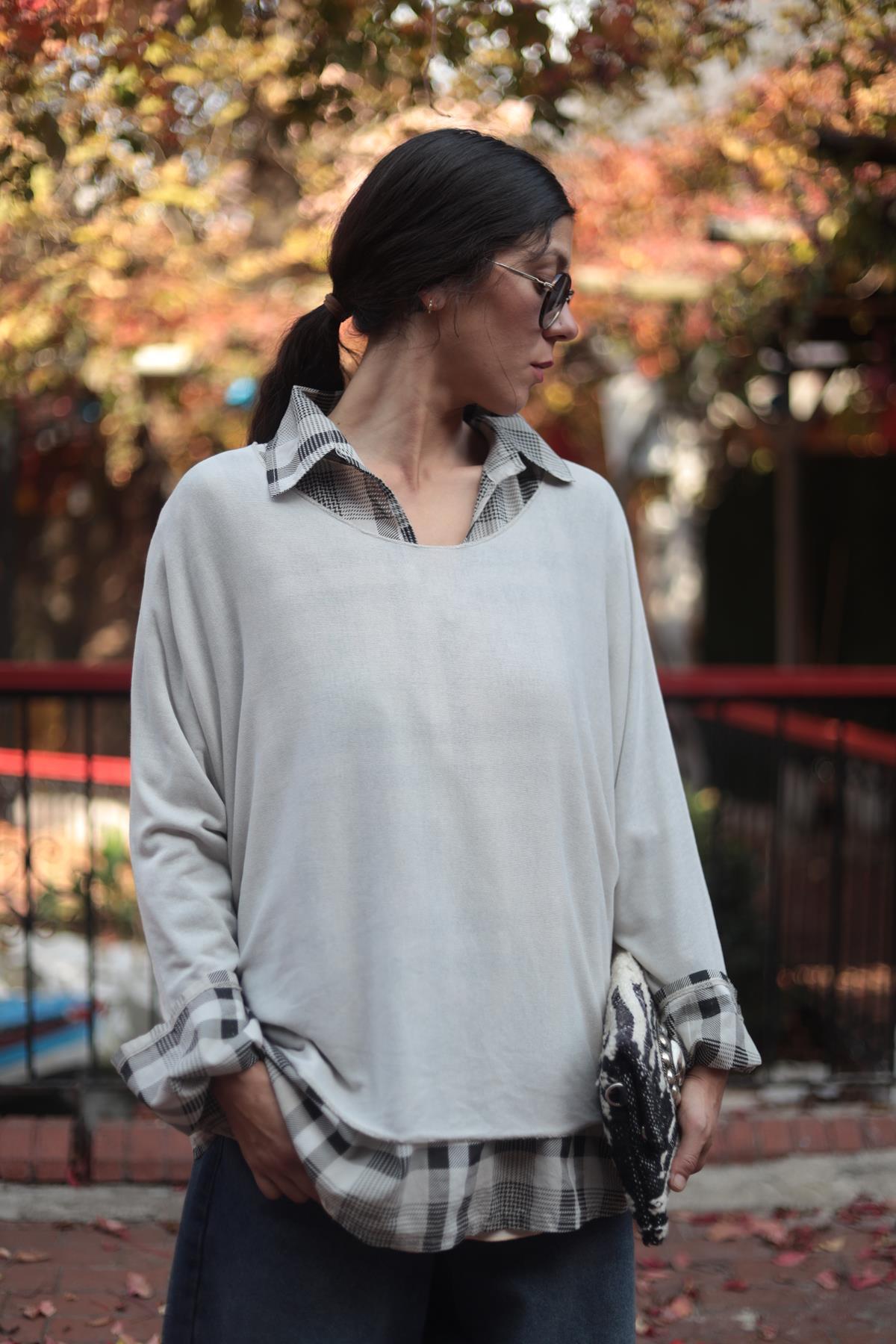 Vizon Rengi Ekose Gömlek Detaylı Bluz