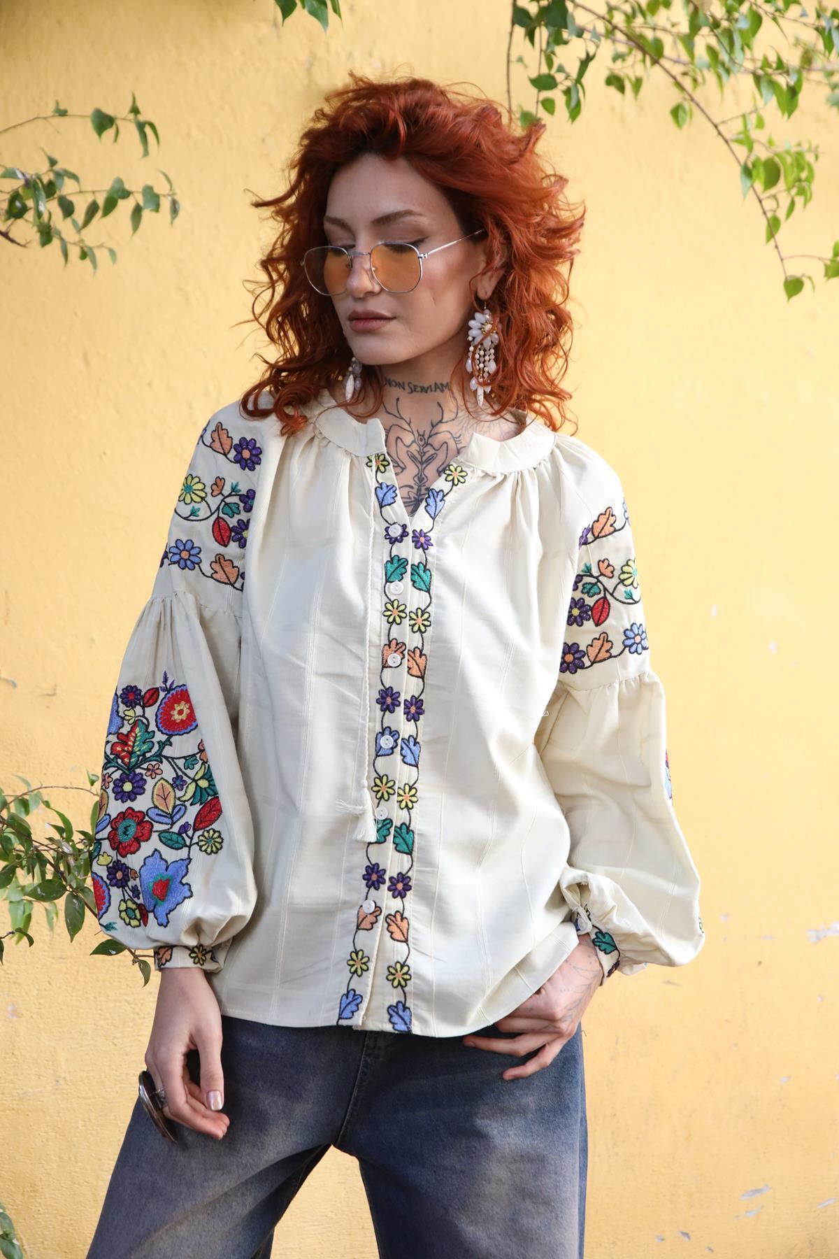Beige Embroidery Bishop Sleeve Lace Up Collar Shirt
