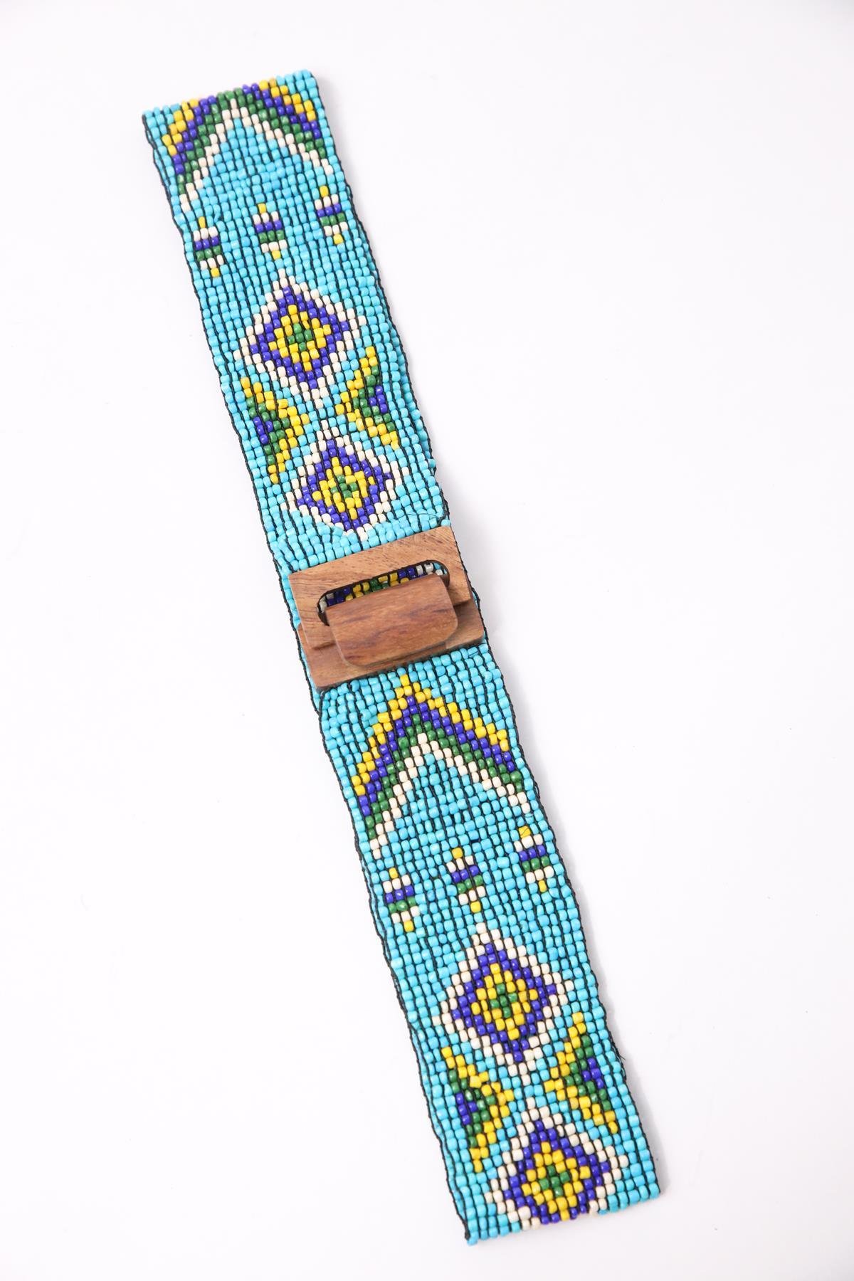 Blue Wooden Buckle Detailed Beaded Elastic Belt