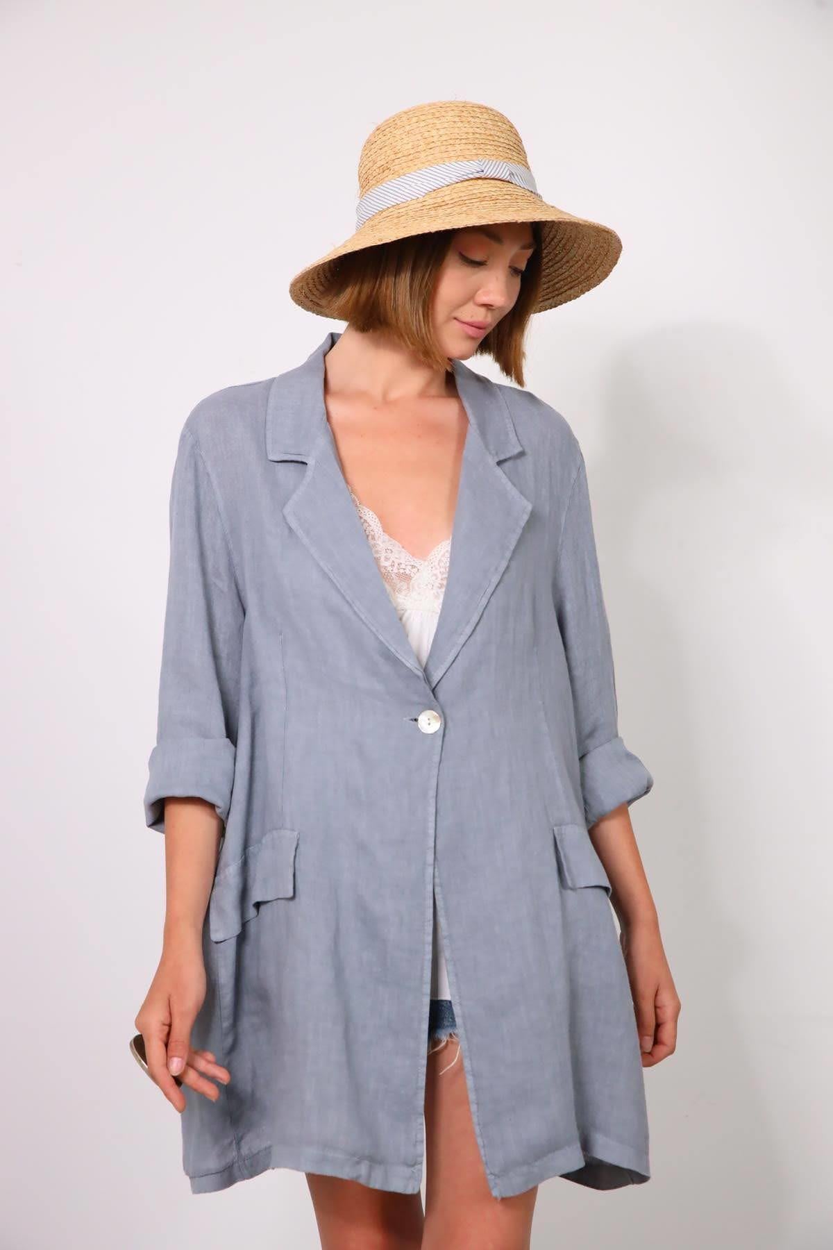 Gri Tek Düğmeli Sahte Cepli Keten Uzun Ceket - Şaman Butik Gri Tek Düğmeli Sahte Cepli Keten Uzun Ceket