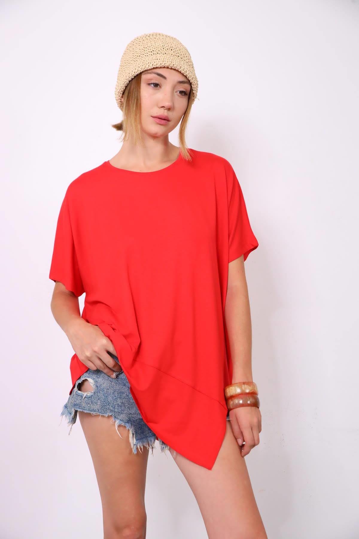 Kırmızı Altı Parçalı Kısa Kollu Bluz - Şaman Butik - Bohem Giyim ve Aksesuar | Kadın & Erkek Kırmızı Altı Parçalı Kısa Kollu Bluz