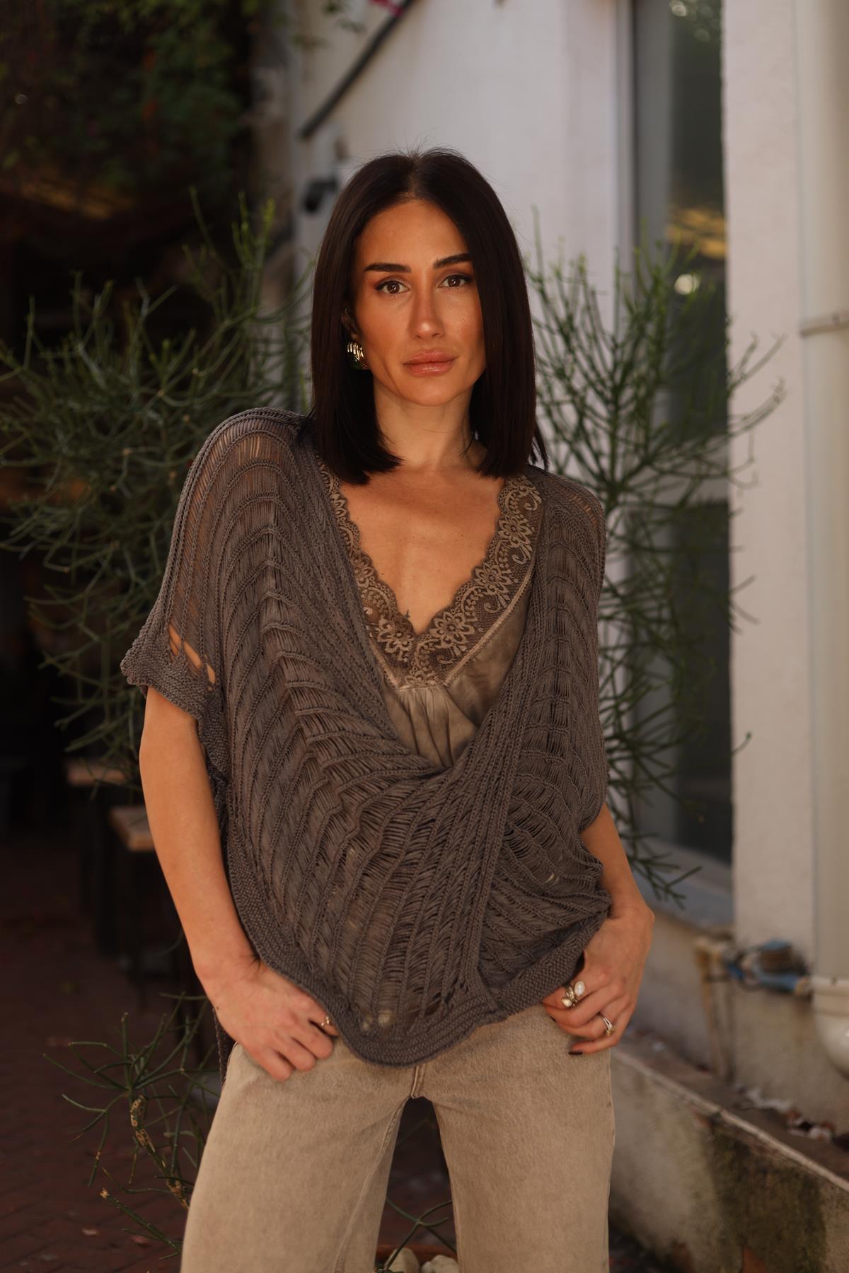 Antrasit Önü Çapraz File Triko Bluz