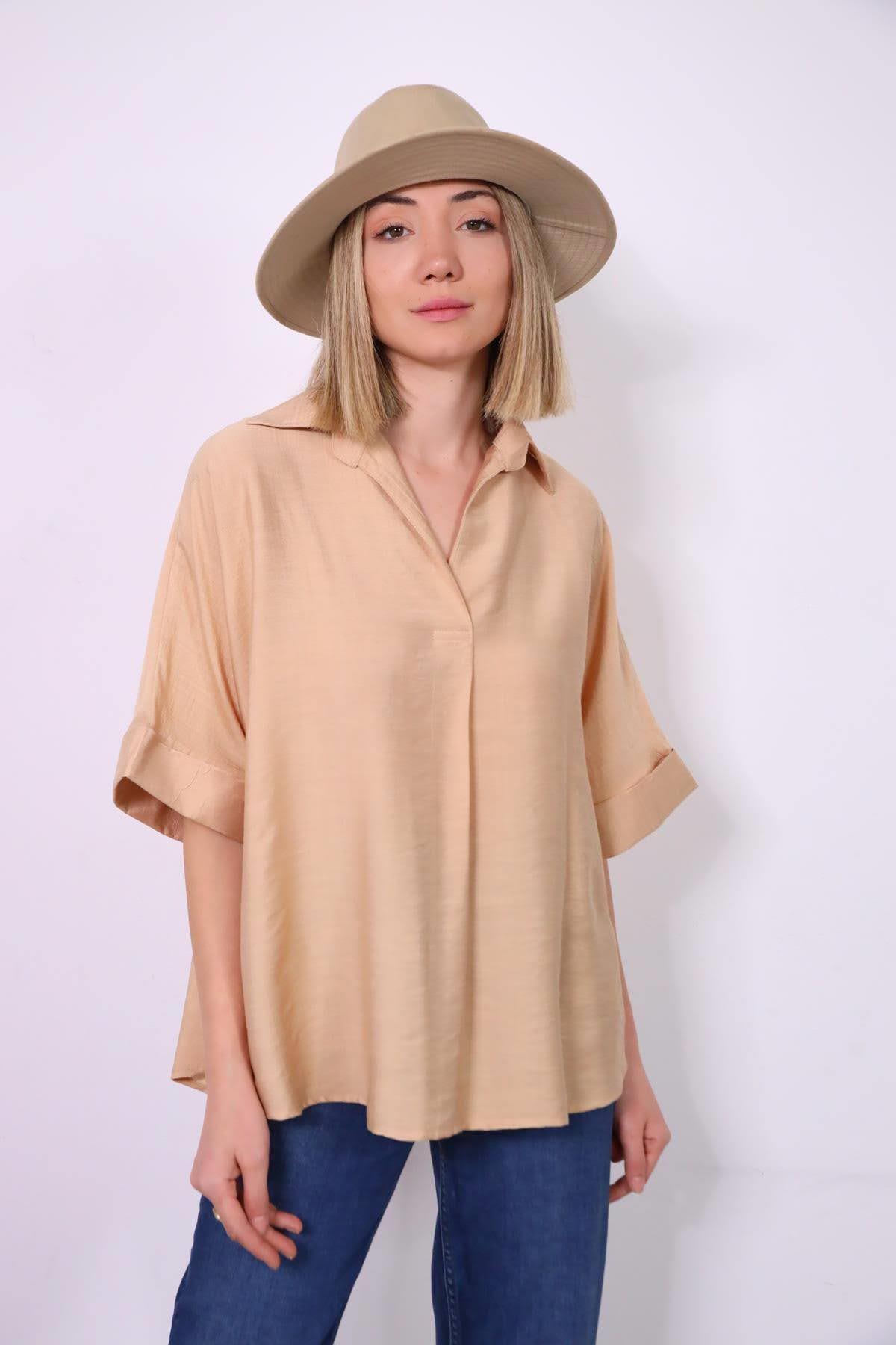 Sütlü Kahve Gömlek Yaka Önü Pileli Bluz - Şaman Butik Sütlü Kahve Gömlek Yaka Önü Pileli Bluz