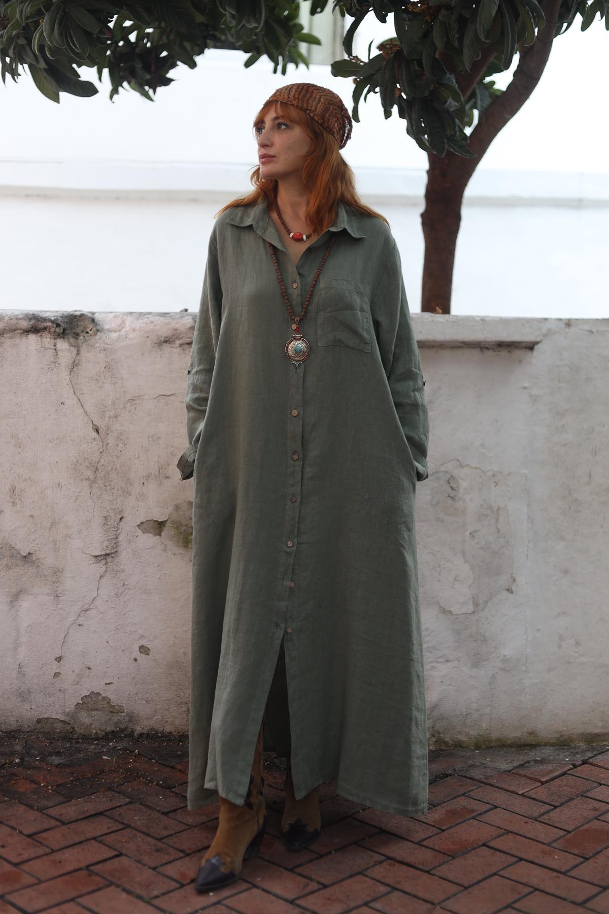 Haki Tek Cepli Keten Gömlek Elbise