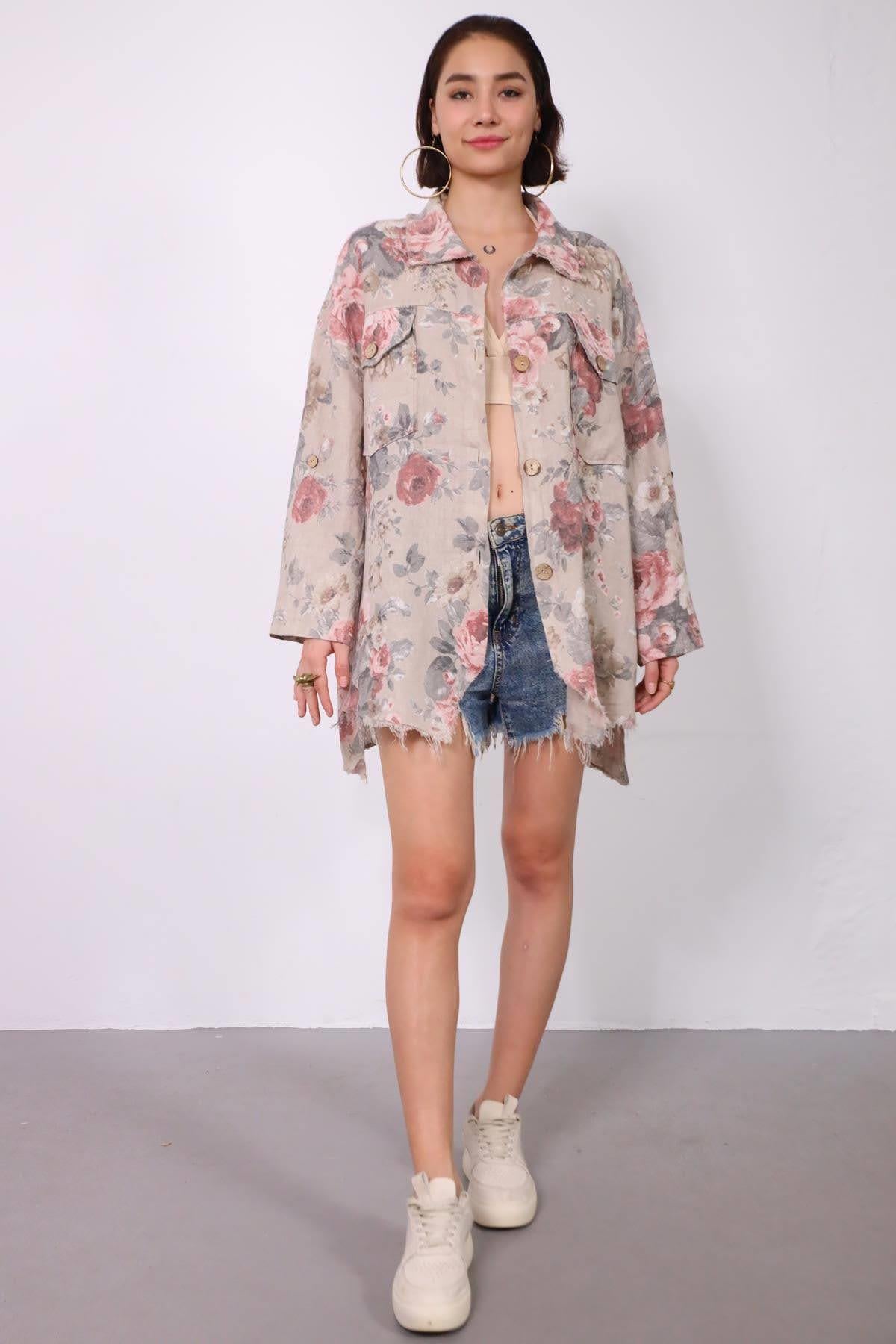 Açık Vizon Çiçek Desenli Önü Düğmeli Püsküllü Tunik - Şaman Butik Açık Vizon Çiçek Desenli Önü Düğmeli Püsküllü Tunik