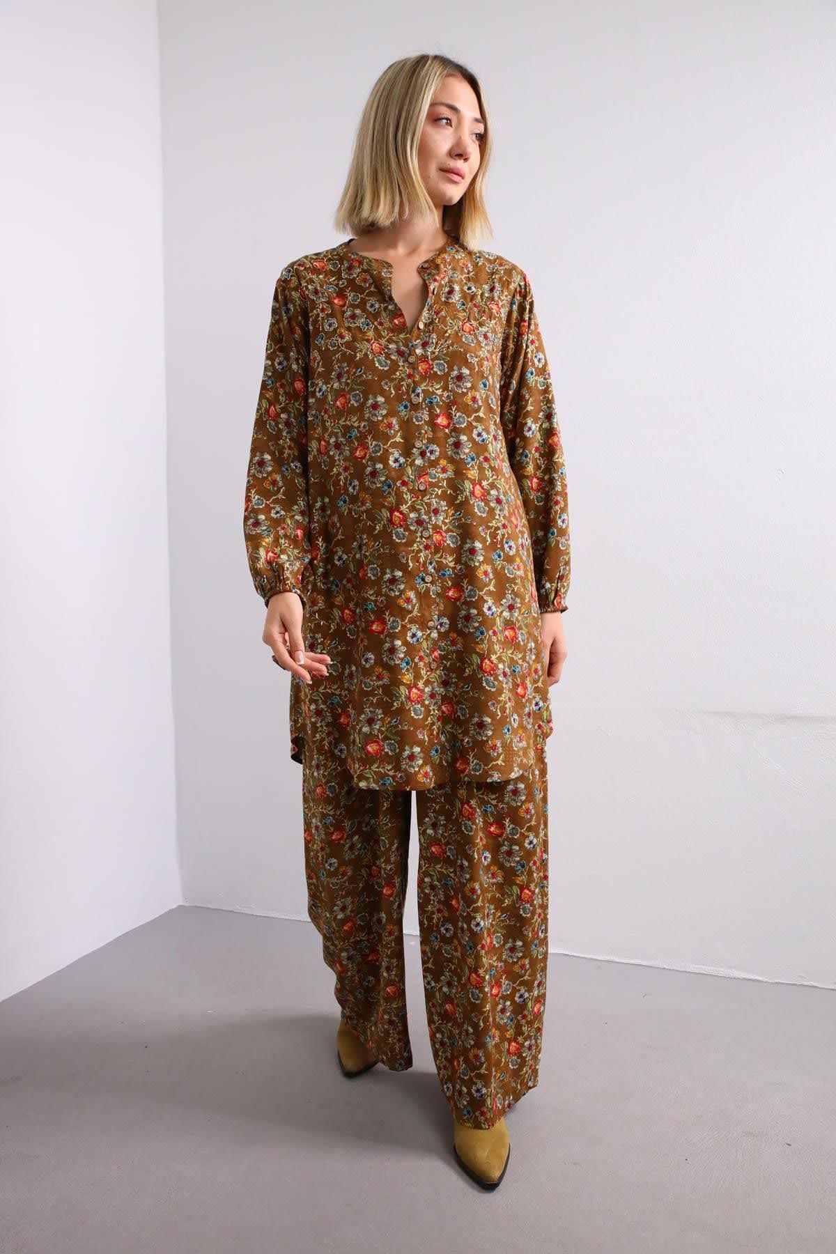 Yağ Yeşili Boncuk Detay Çiçekli Takım - Şaman Butik Yağ Yeşili Boncuk Detay Çiçekli Takım