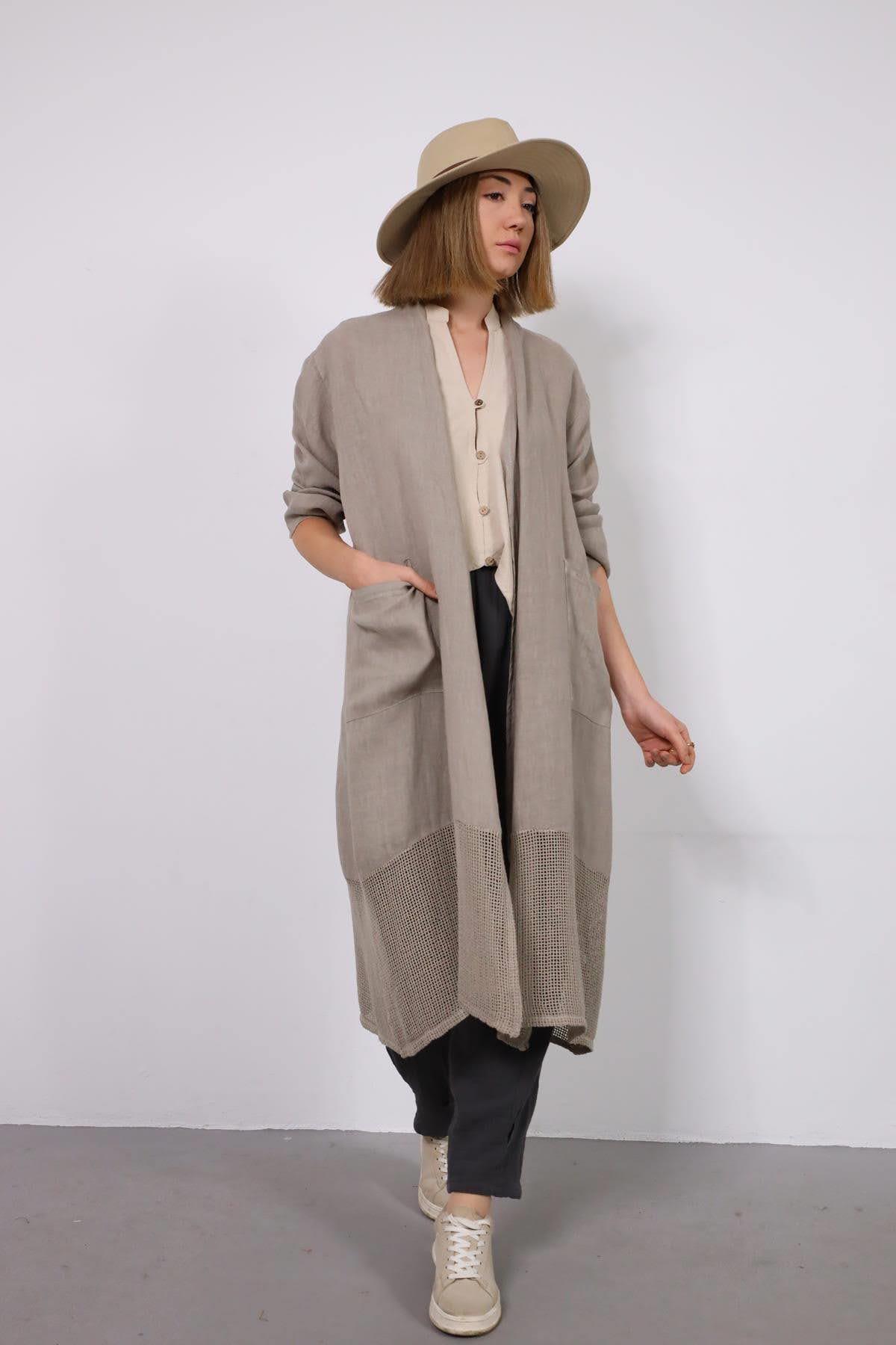 Vizon Rengi Altı File Detaylı Keten Kaftan - Şaman Butik Vizon Rengi Altı File Detaylı Keten Kaftan