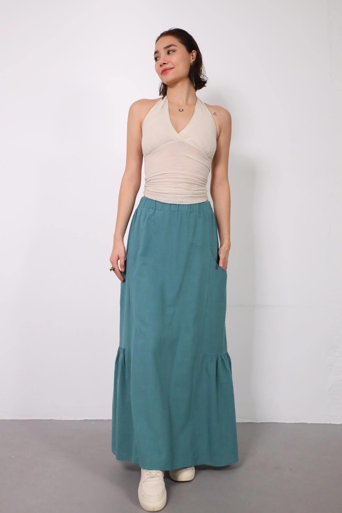  Mint Yeşili Keten Cepli Pileli Etek