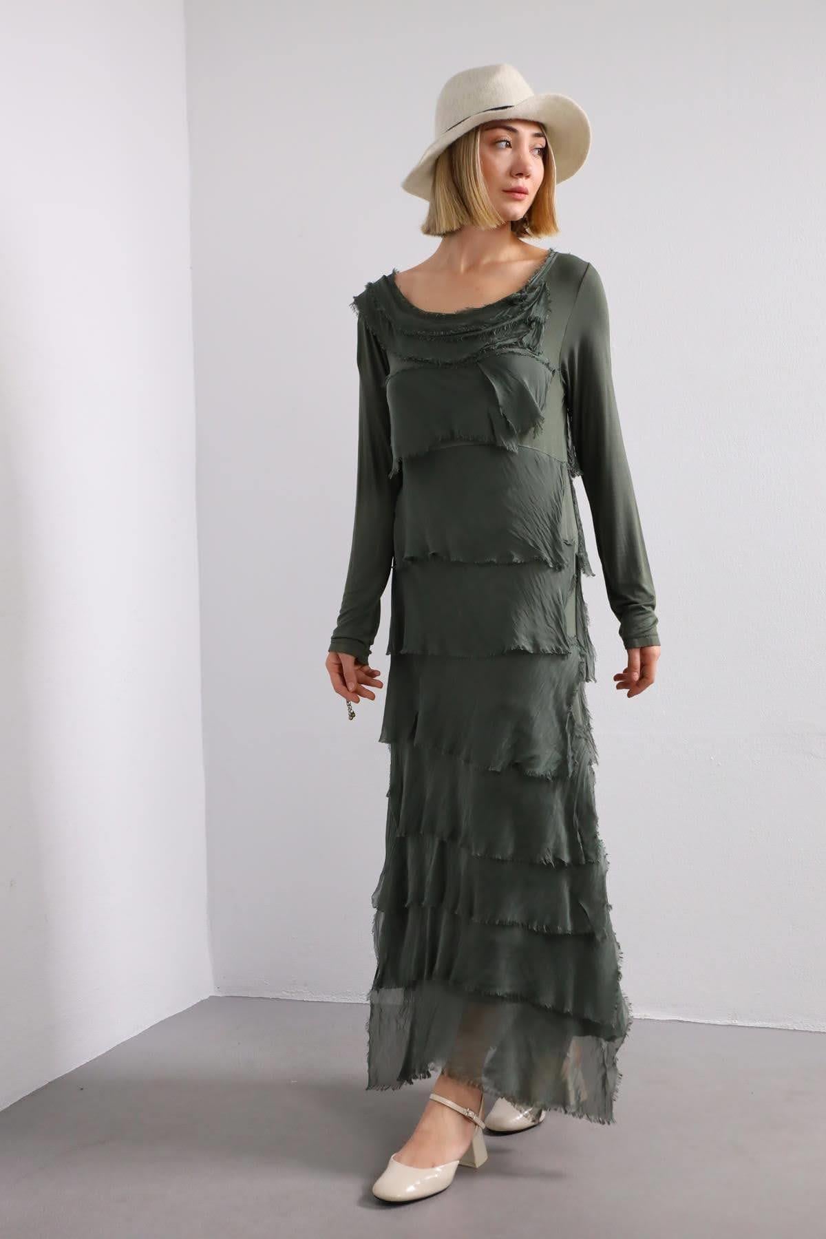  Haki İpek Kat Kat Uzun Elbise