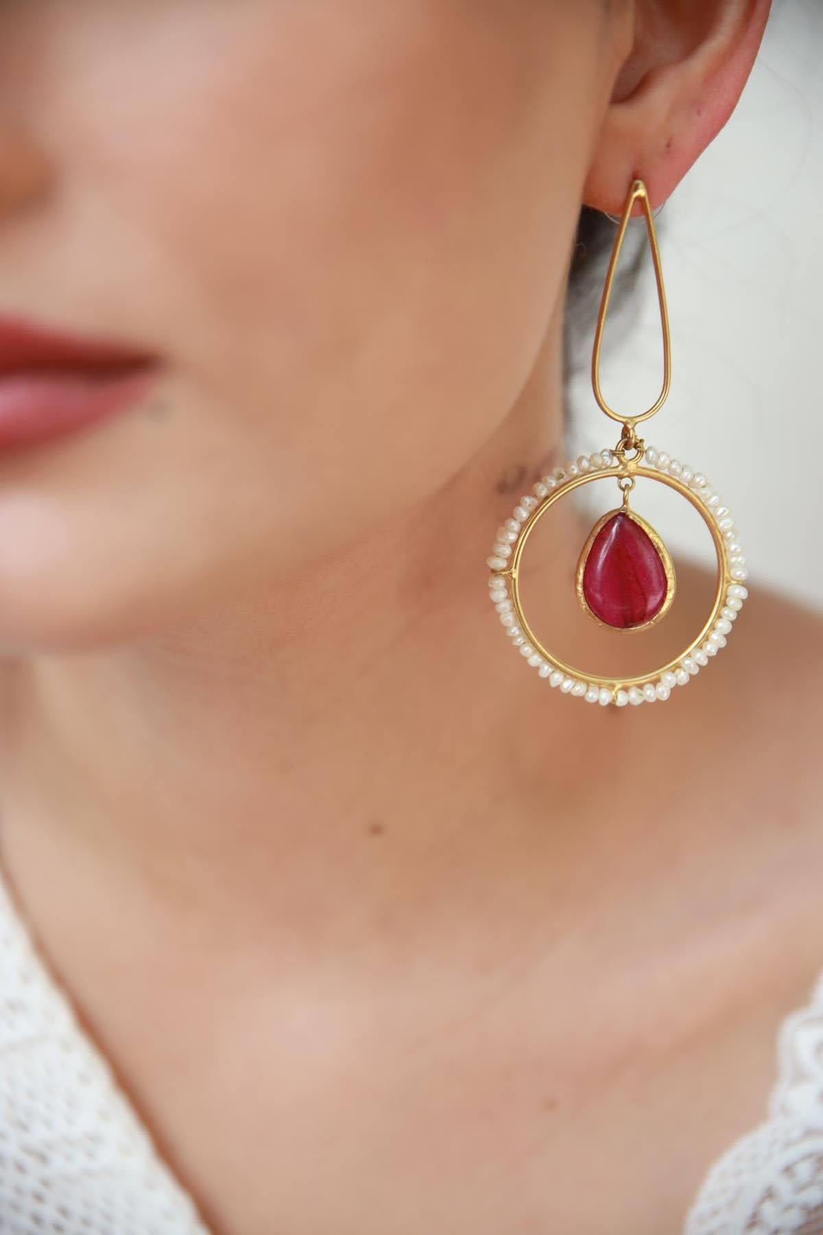 Water Pearl Purple Stone Design Earrings