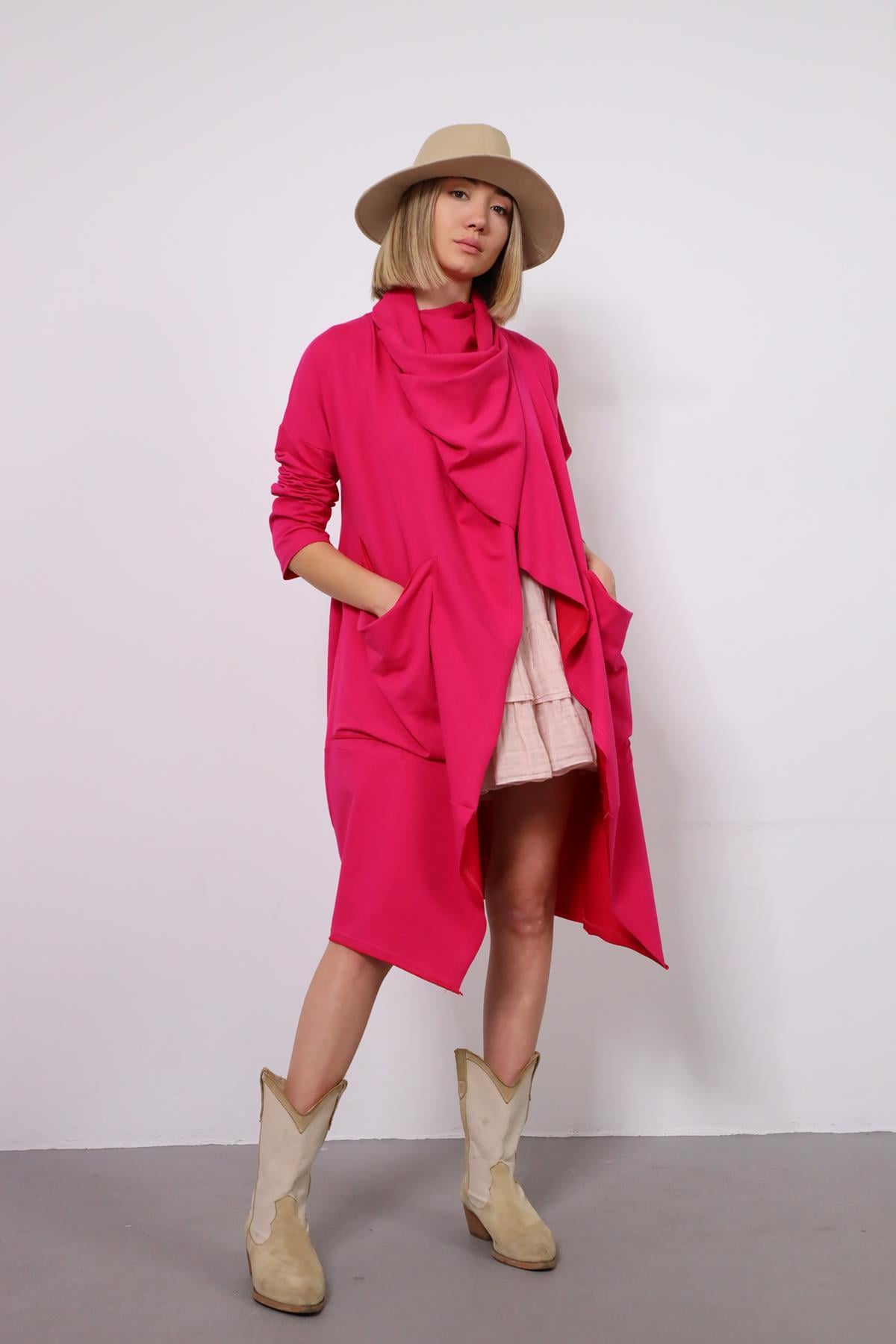 Pink Shawl Neck Double Pocket Tunic - Saman Butik | Shop Online Pink Shawl Neck Double Pocket Tunic