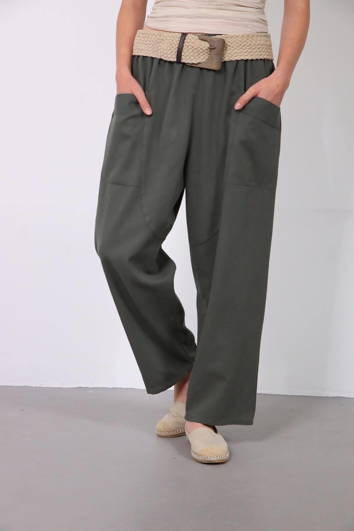 Haki Beli Lastikli Çift Cepli Gabardin Pantolon - Şaman Butik Haki Beli Lastikli Çift Cepli Gabardin Pantolon
