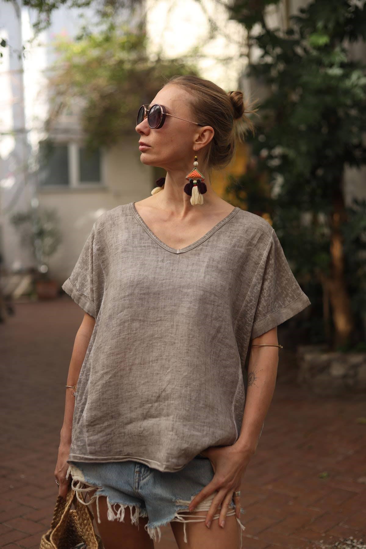 Vizon Rengi Kolu Katlı Parçalı Keten Bluz