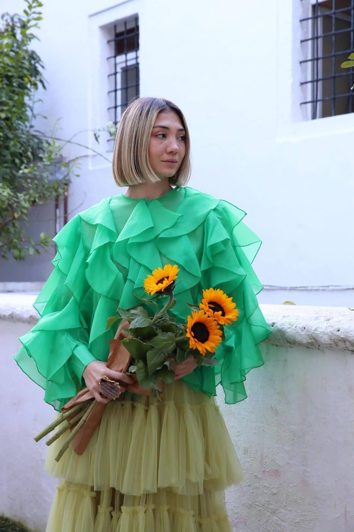 Yeşil Şifon Kolları Katlı Bluz - Şaman Butik Yeşil Şifon Kolları Katlı Bluz