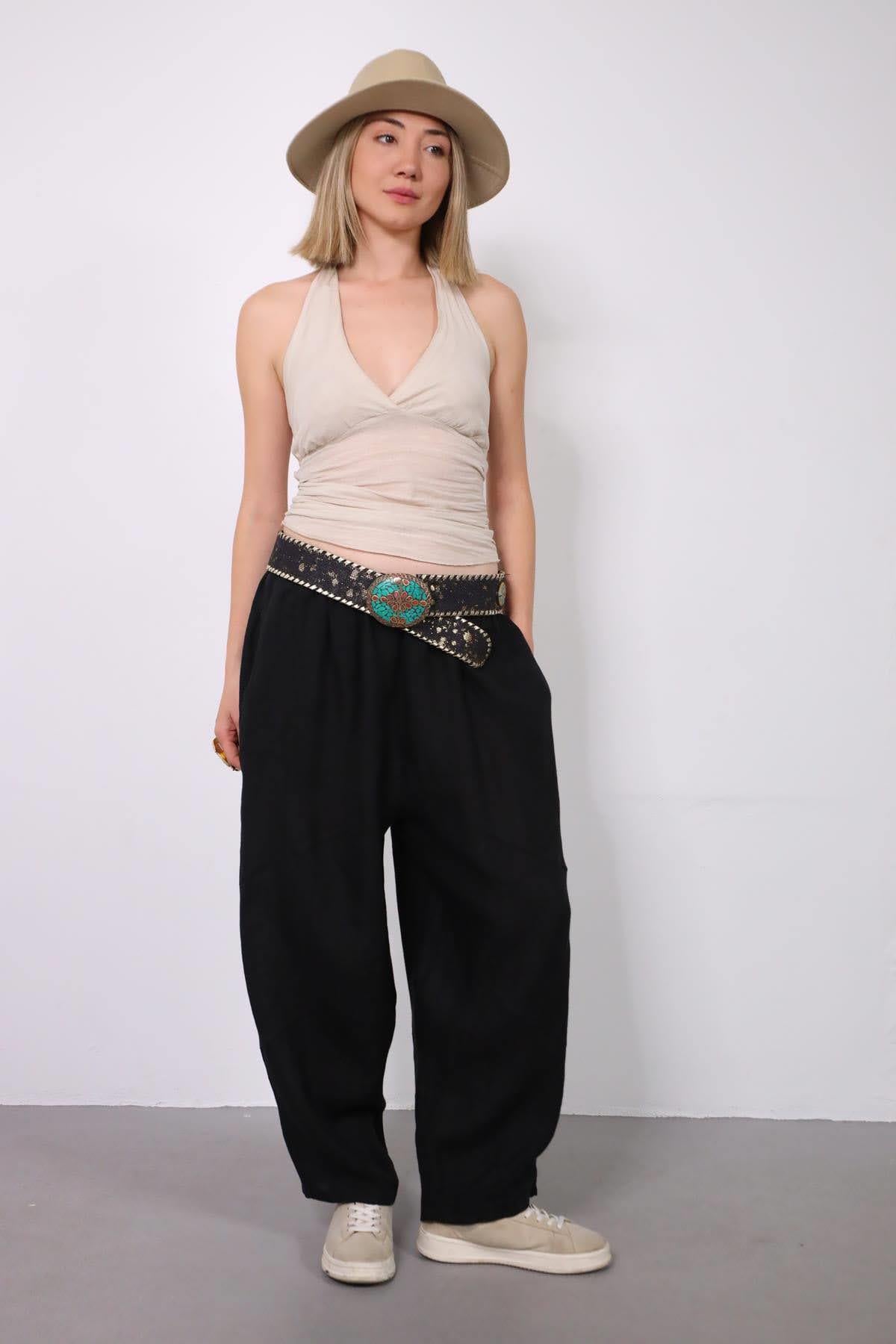 Siyah Dikiş Detaylı Keten Pantolon - Şaman Butik Siyah Dikiş Detaylı Keten Pantolon
