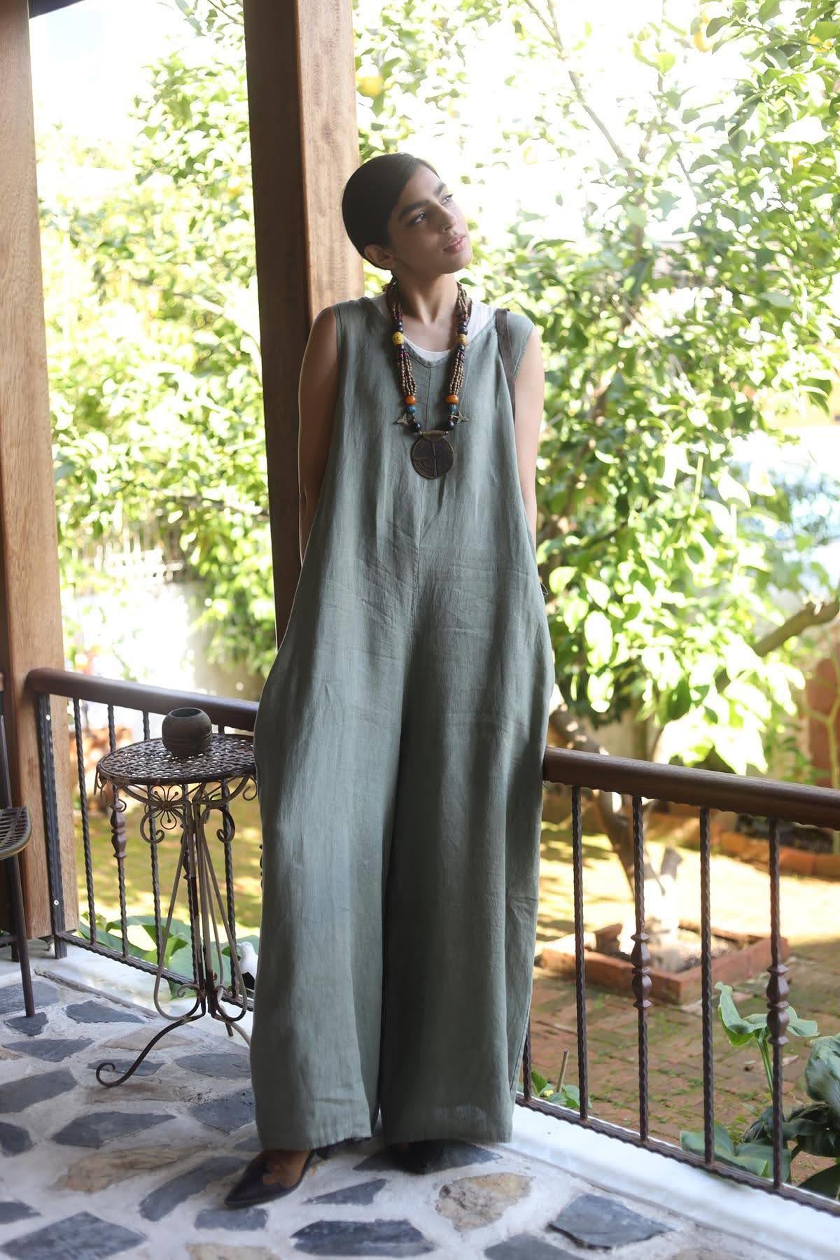 Haki Sırtı Fermuarlı Keten Tulum