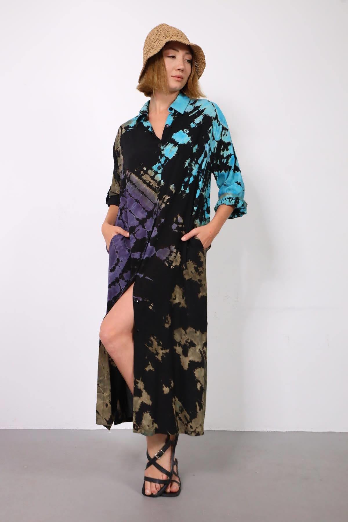 Siyah Yırtmaçlı Batik Desenli Gömlek Elbise - Şaman Butik - Bohem Giyim ve Aksesuar | Kadın & Erkek Siyah Yırtmaçlı Batik Desenli Gömlek Elbise