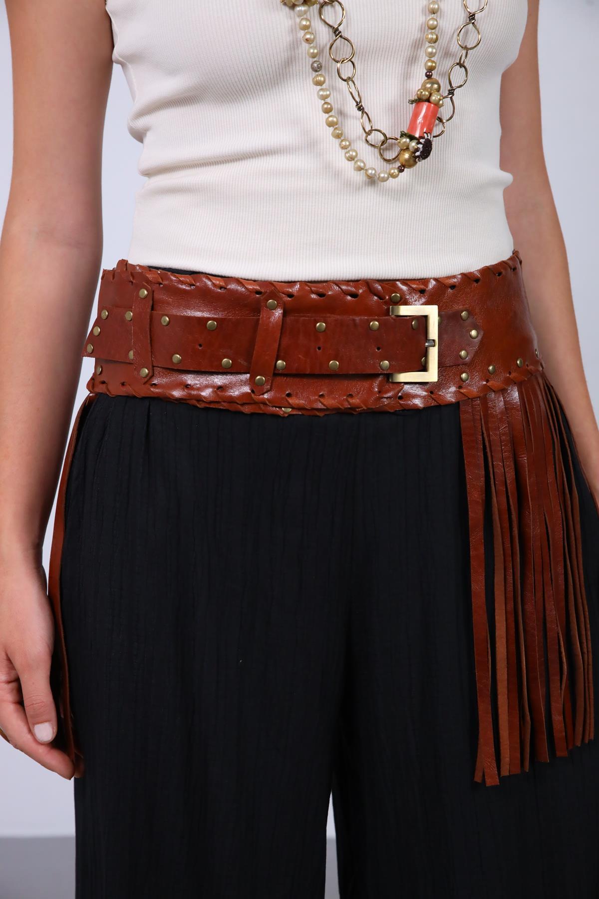 Taba Püsküllü Deri Kemer - Şaman Butik Taba Püsküllü Deri Kemer