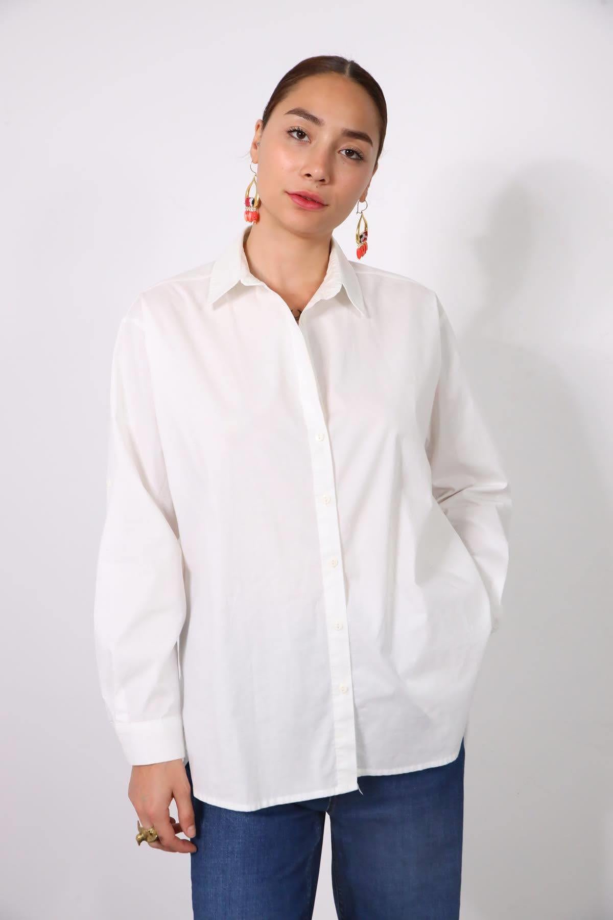 Beyaz Arkası Uzun Oversize Gömlek - Şaman Butik Beyaz Arkası Uzun Oversize Gömlek